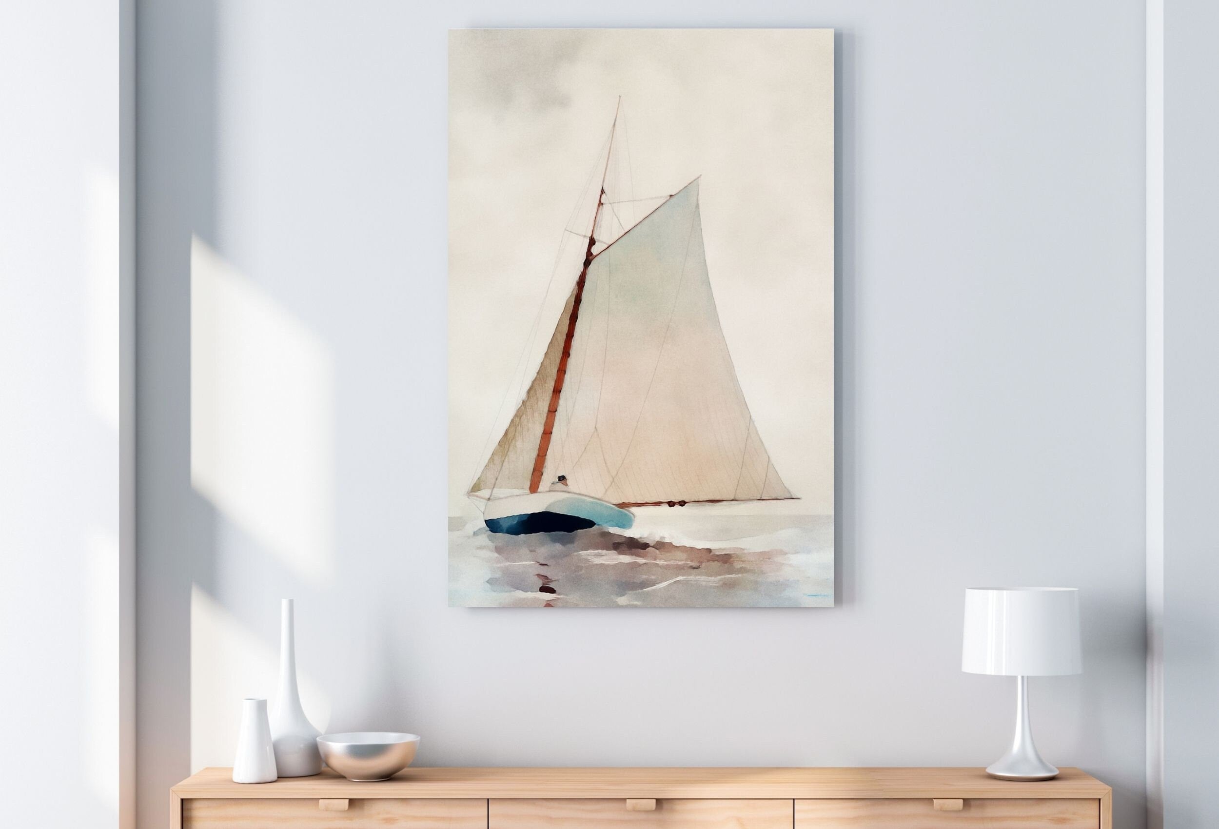 Sail Boat At Sea Print, Nautical Wall Decor, Sailboat Print Boat Art, Vertical Printable Wall Art, Digital Print, Print Wall Art, Boat Print