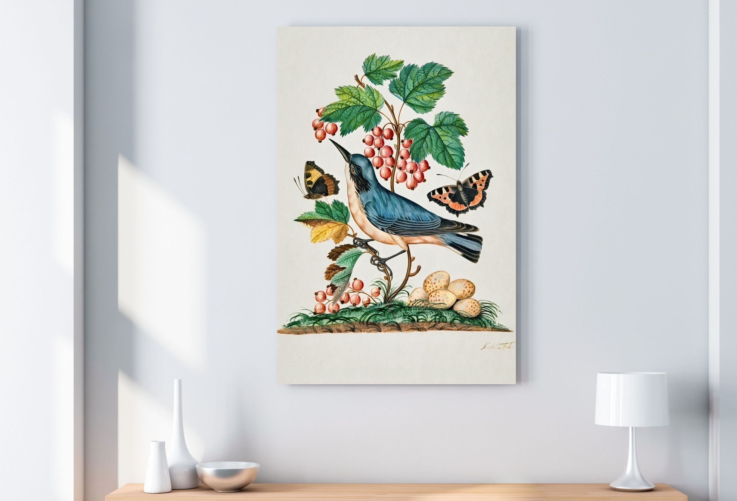 Warbler Wall Art Poster Vintage Butterfly Print, Botanical Prints Flowers and Bird Decor, Flower Market Print, Digital Printable Wall Art
