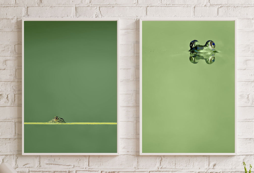 Green Frog Sitting in Pond Set of 2 Prints. Frog Art Print Instant Download Green Animal Printable Wall Art. 2 Piece Wall Art Home Decor