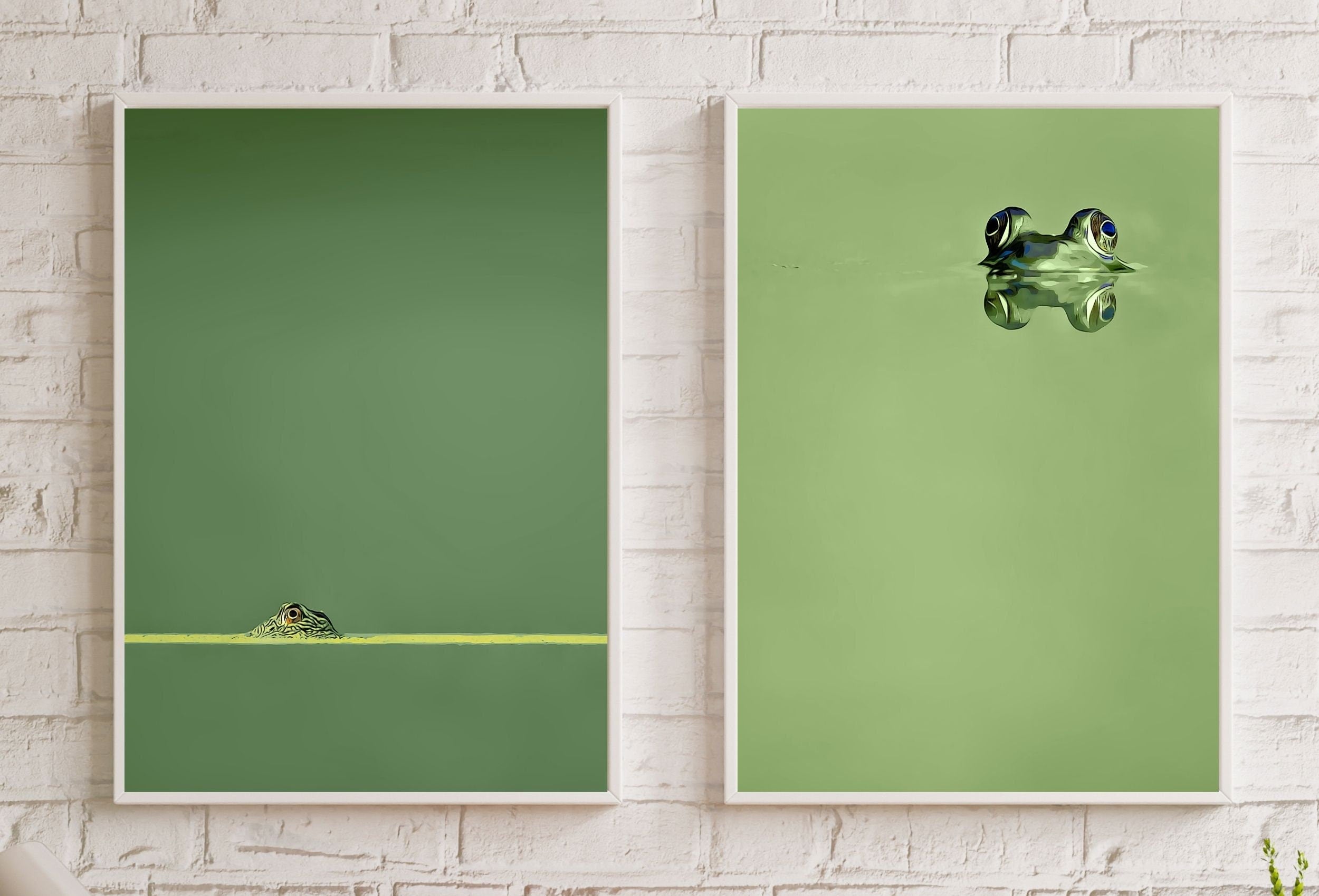 Green Frog Sitting in Pond Set of 2 Prints. Frog Art Print Instant Download Green Animal Printable Wall Art. 2 Piece Wall Art Home Decor