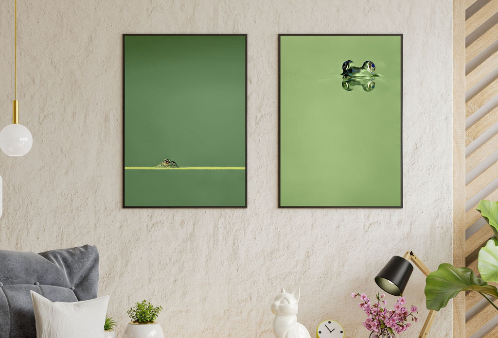 Green Frog Sitting in Pond Set of 2 Prints. Frog Art Print Instant Download Green Animal Printable Wall Art. 2 Piece Wall Art Home Decor