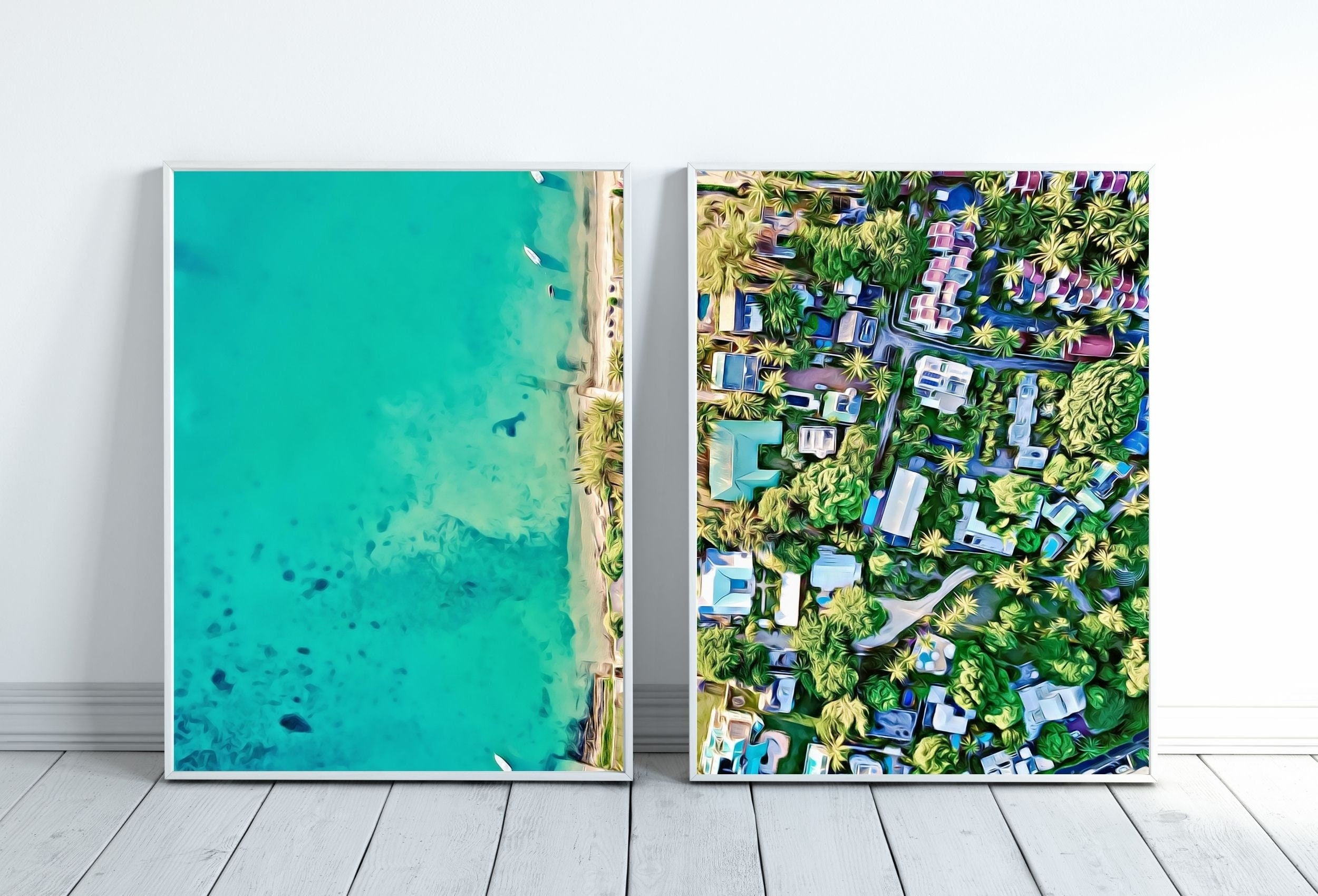 Beach Top Aerial View Set of 2 Prints, Printable Wall Art, Beach Decor Emerald Green Art Prints, Coastal Wall Art Set, Beach House Decor