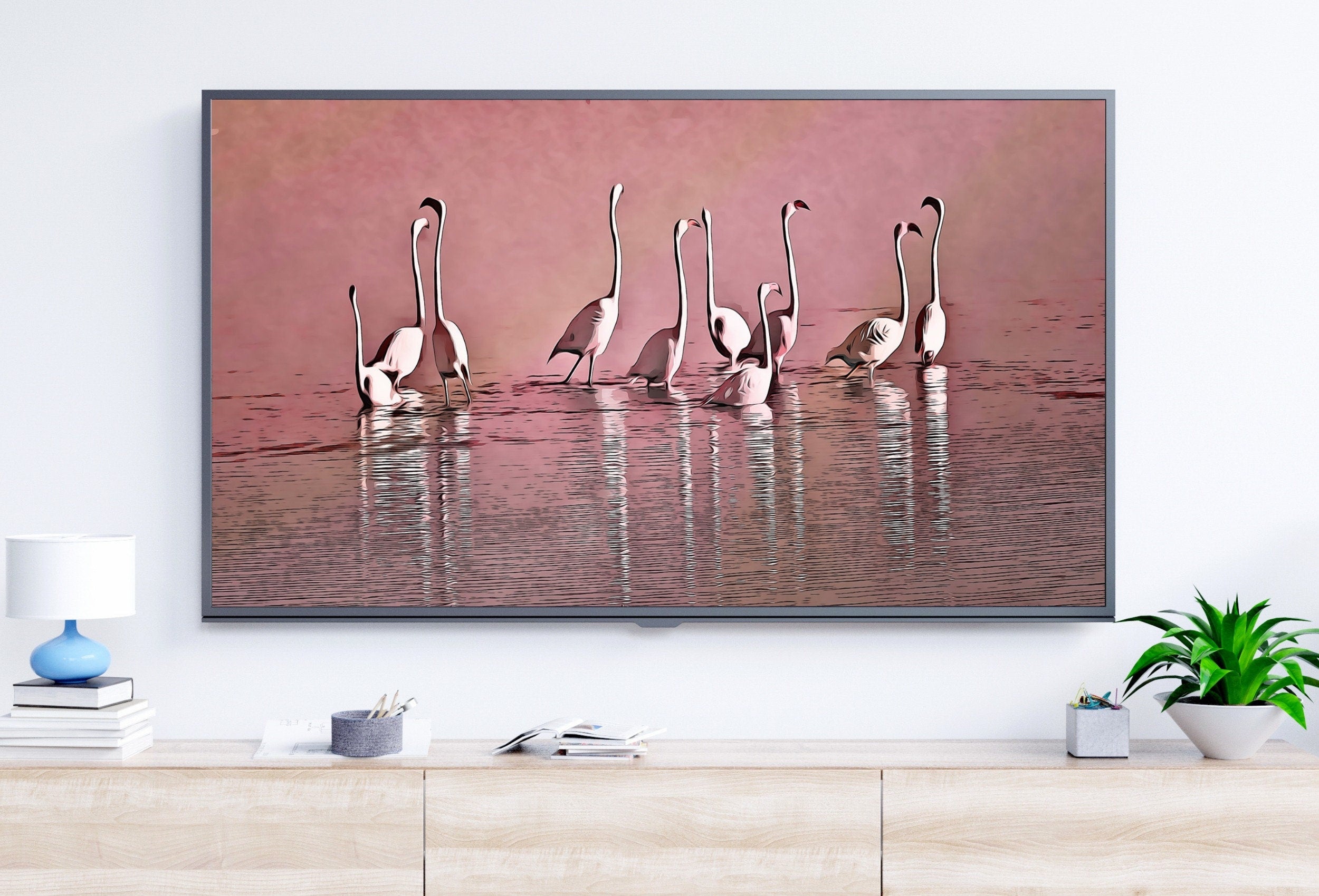 Group of Flamingos in Water Frame TV Art Digital Download, Digital Art for Tv, Colorful Art for Frame TV Tropical Bird Decor