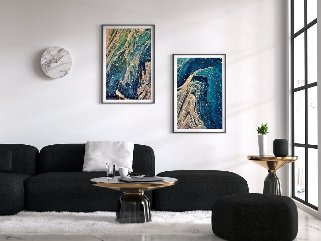 Abstract Wall Art Set of 2 Prints. Fluid Art Painting. Downloadable Prints. Abstract Art Print, Digital Download Blue and Gold Art