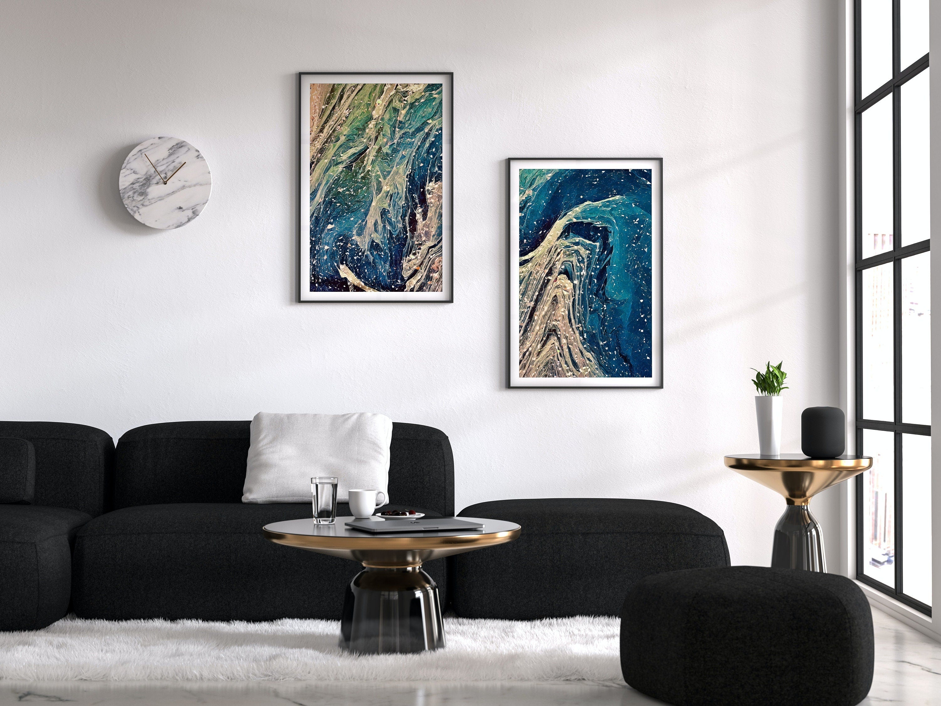Abstract Wall Art Set of 2 Prints. Fluid Art Painting. Downloadable Prints. Abstract Art Print, Digital Download Blue and Gold Art