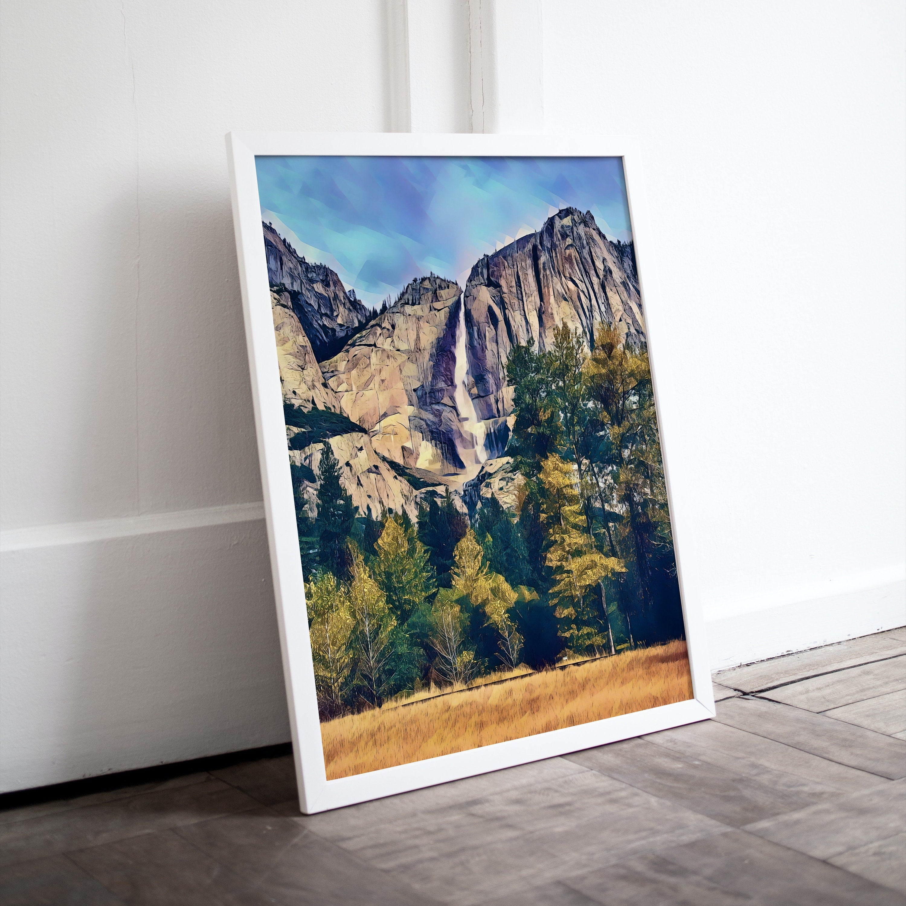 Yosemite Falls Wall Art Autumn Landscape Poster. Instant Download Yosemite Wall Art Digital Painting, Vertical Poster National Park Art
