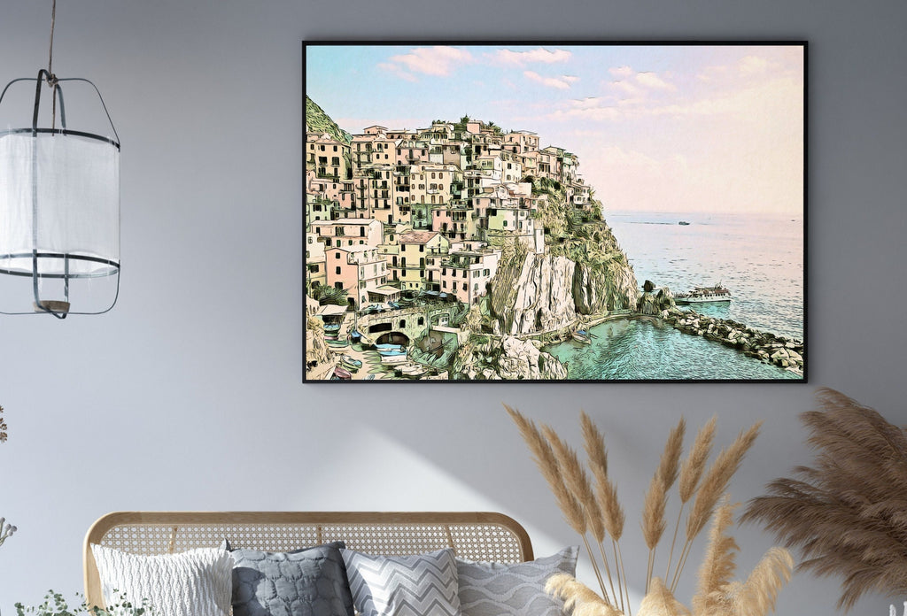 Manarola Italy Wall Art Landscape Printable Wall Art. Instant Download Italy Poster Sunset Wall Art. Colorful Pastel Home Decor, Digital Art