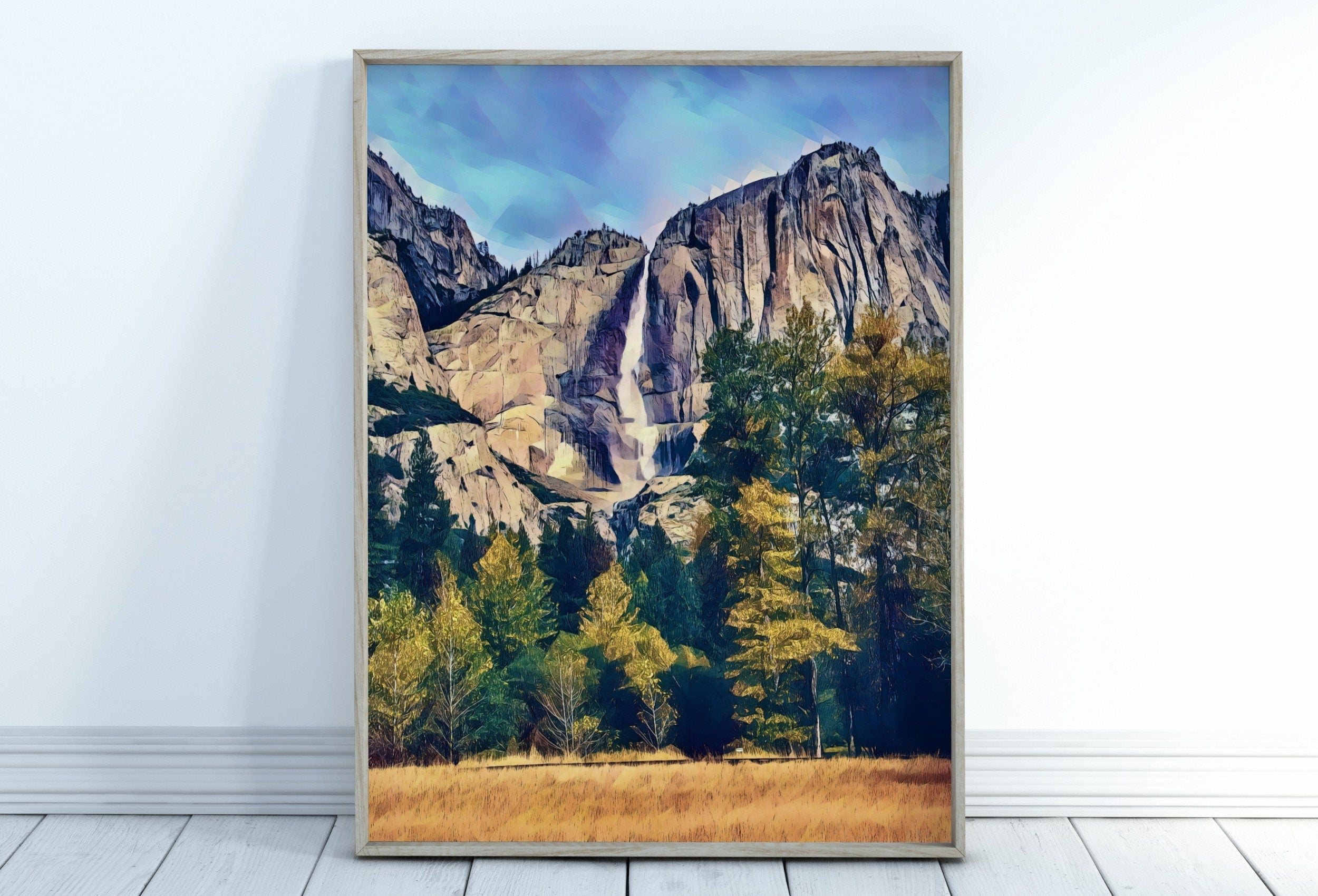 Yosemite Falls Wall Art Autumn Landscape Poster. Instant Download Yosemite Wall Art Digital Painting, Vertical Poster National Park Art