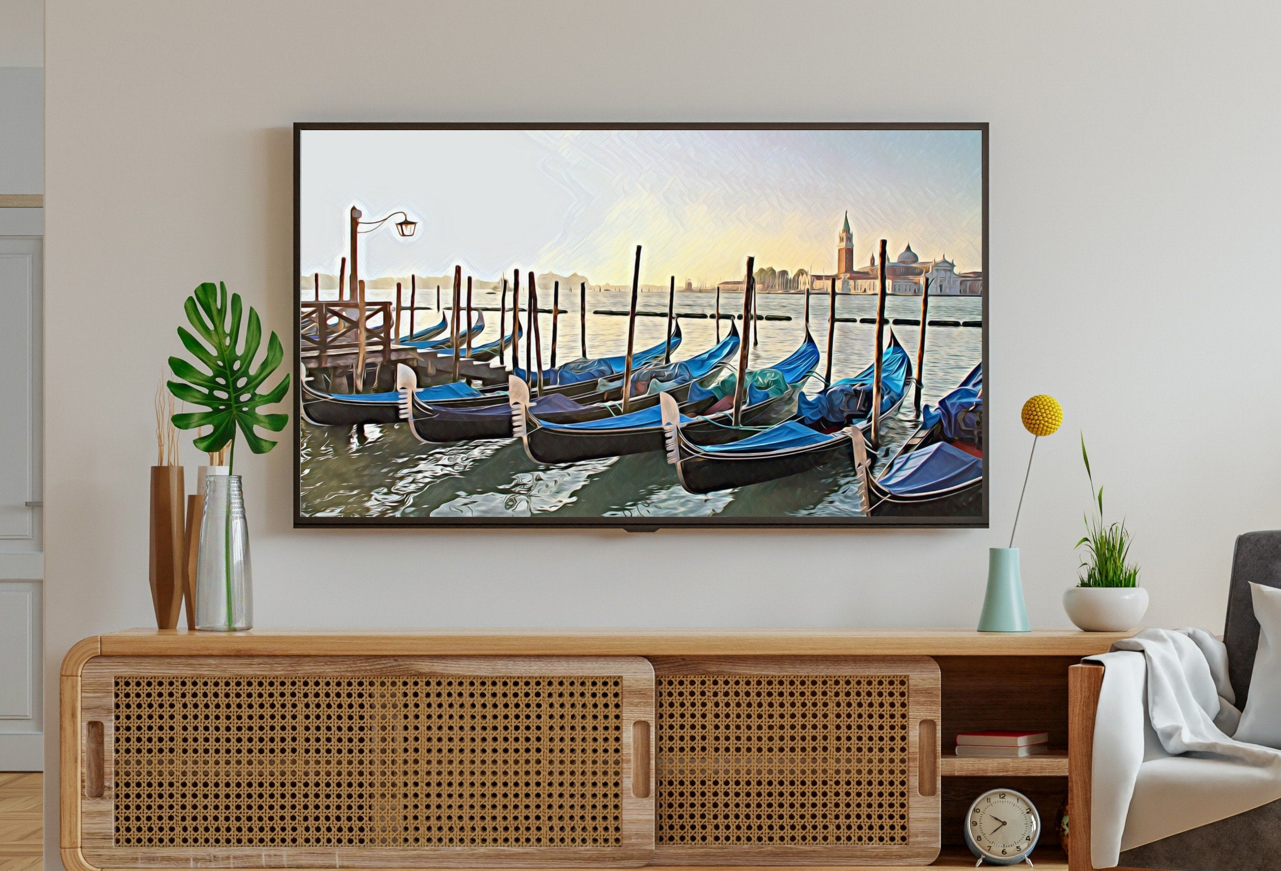 Gondola Moored at Dock Frame TV Art. Venice Italy Wall Art Painting, Frame TV Art Digital Download, Art for Tv, Colorful Art for Frame TV