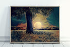 Big Moon and Tree Landscape Painting, Polygons Printable Wall Art, for Home or Office Decor, Nature Print Digital Art Instant Download