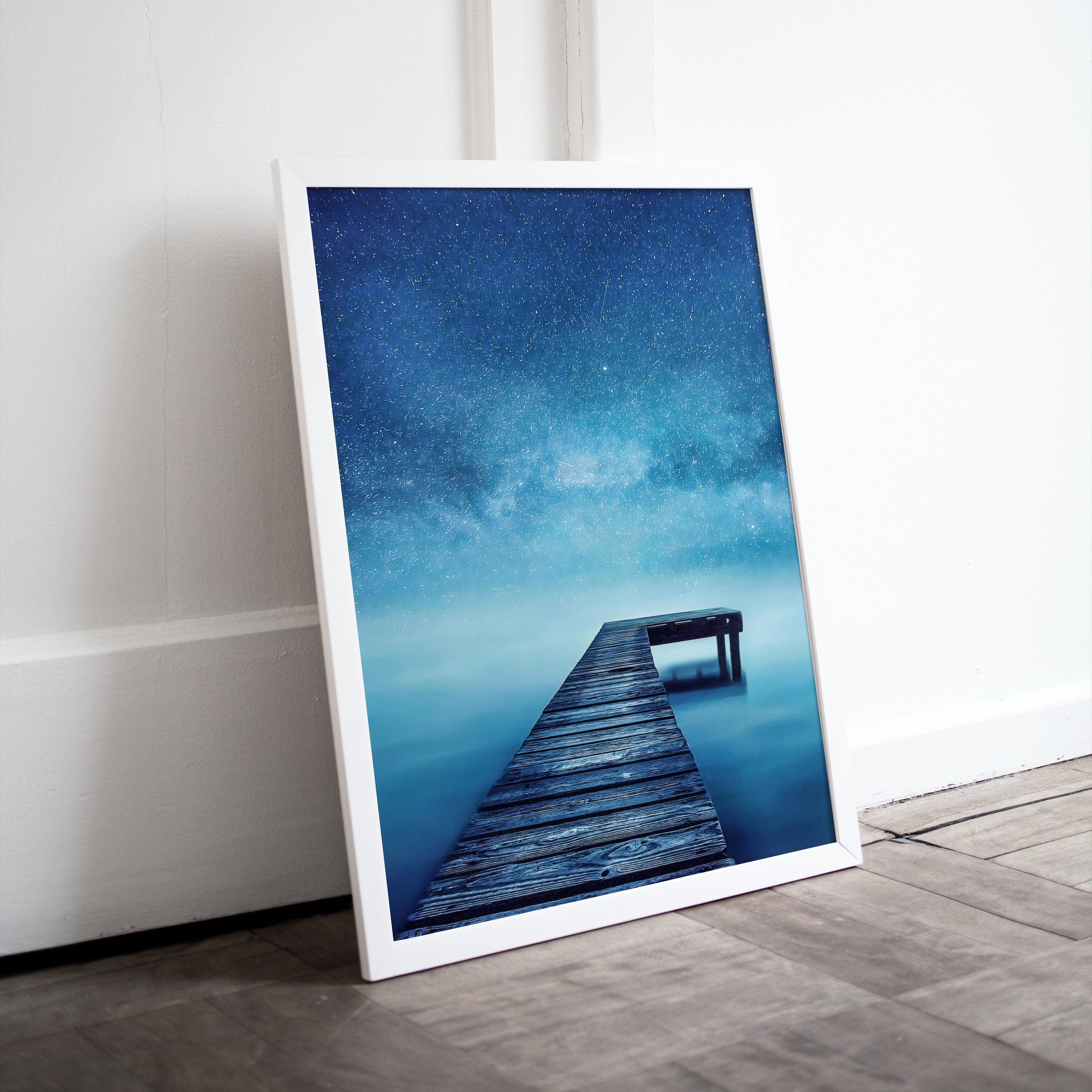 Wooden Pier at Night Printable Wall Art, Wooden Pier Print, Pier on Lake Print, Starry Night Sky Lake Landscape Wall Decor, Wood Jetty