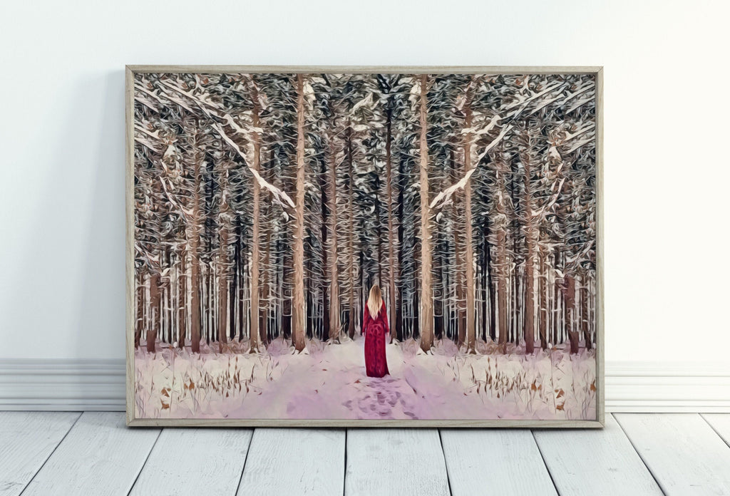 Woman Entering Forest, Fantasy Art Print Digital Painting, Abstract Printable Wall Art, Nature Print Digital Art Instant Download