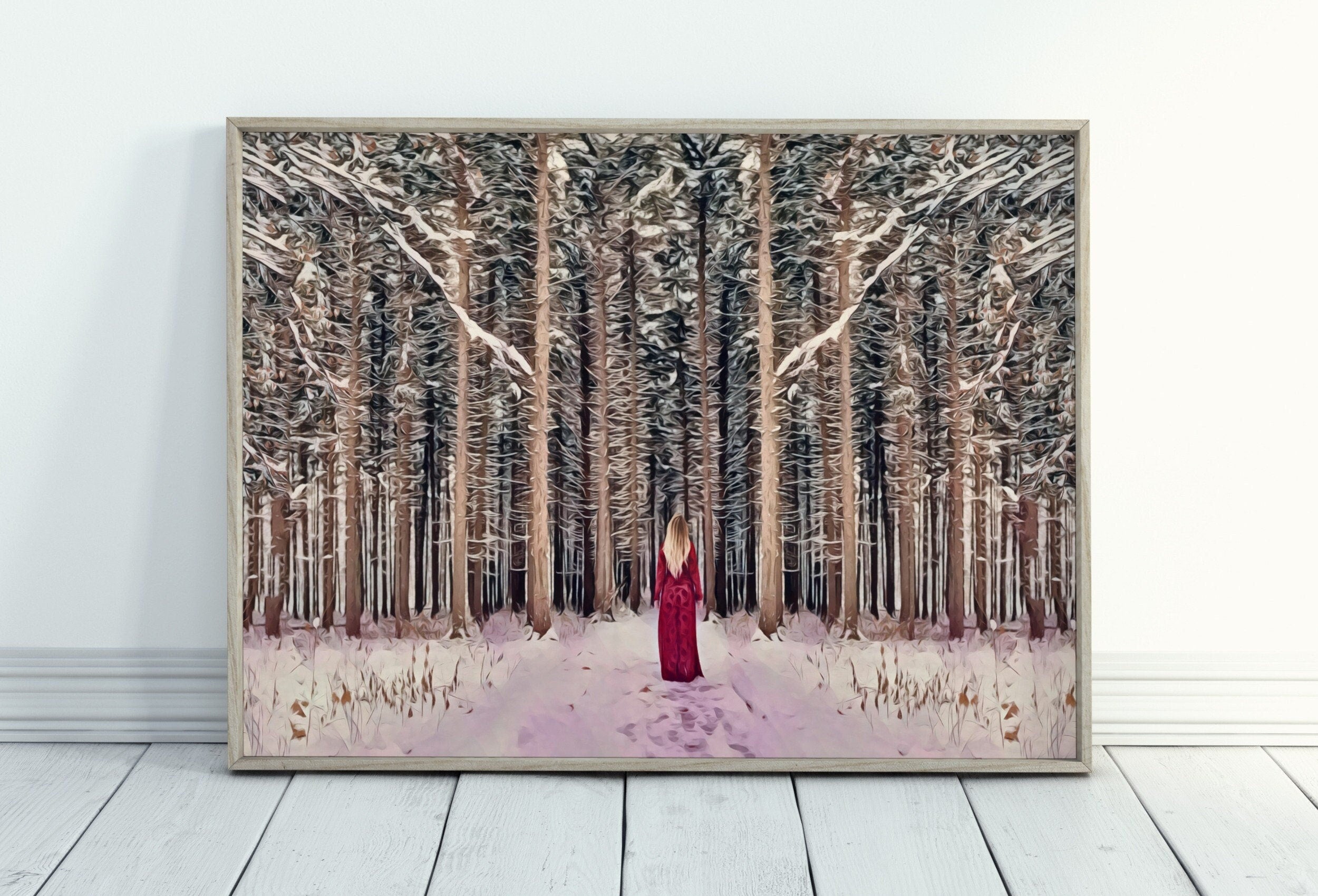 Woman Entering Forest, Fantasy Art Print Digital Painting, Abstract Printable Wall Art, Nature Print Digital Art Instant Download