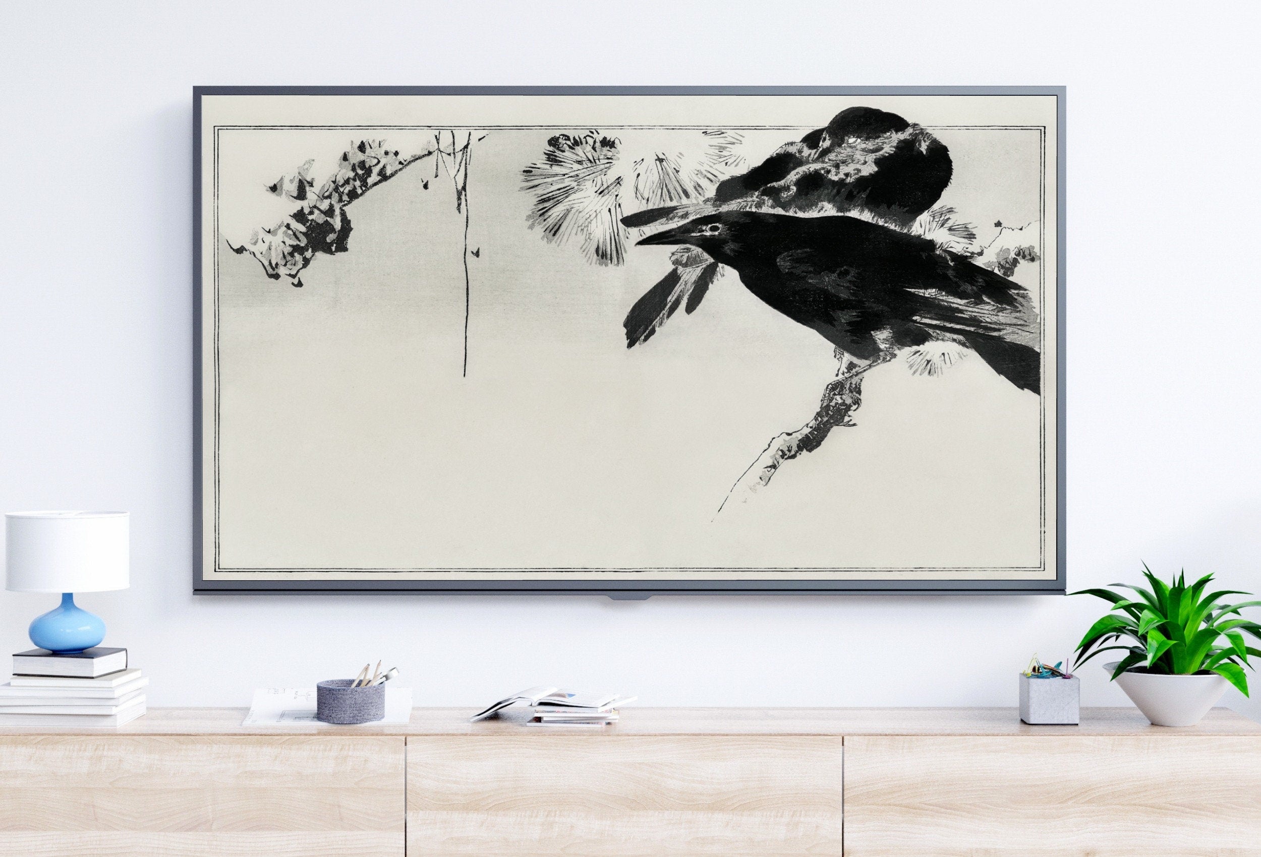 Crows Perched on a Branch Frame TV Art. Vintage Japanese Painting Samsung Art TV, Digital Download for Samsung Frame, Frame TV Art