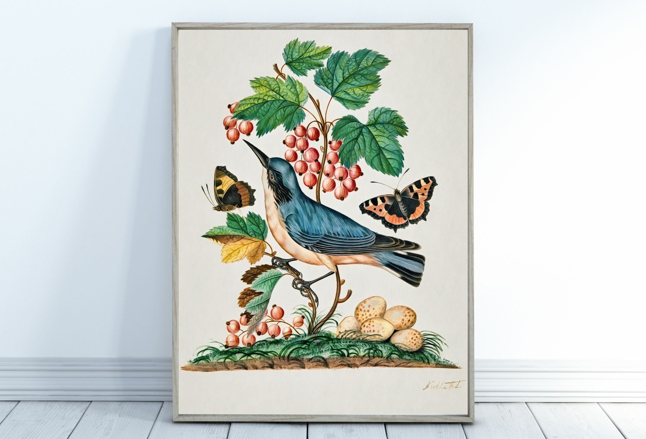 Warbler Wall Art Poster Vintage Butterfly Print, Botanical Prints Flowers and Bird Decor, Flower Market Print, Digital Printable Wall Art