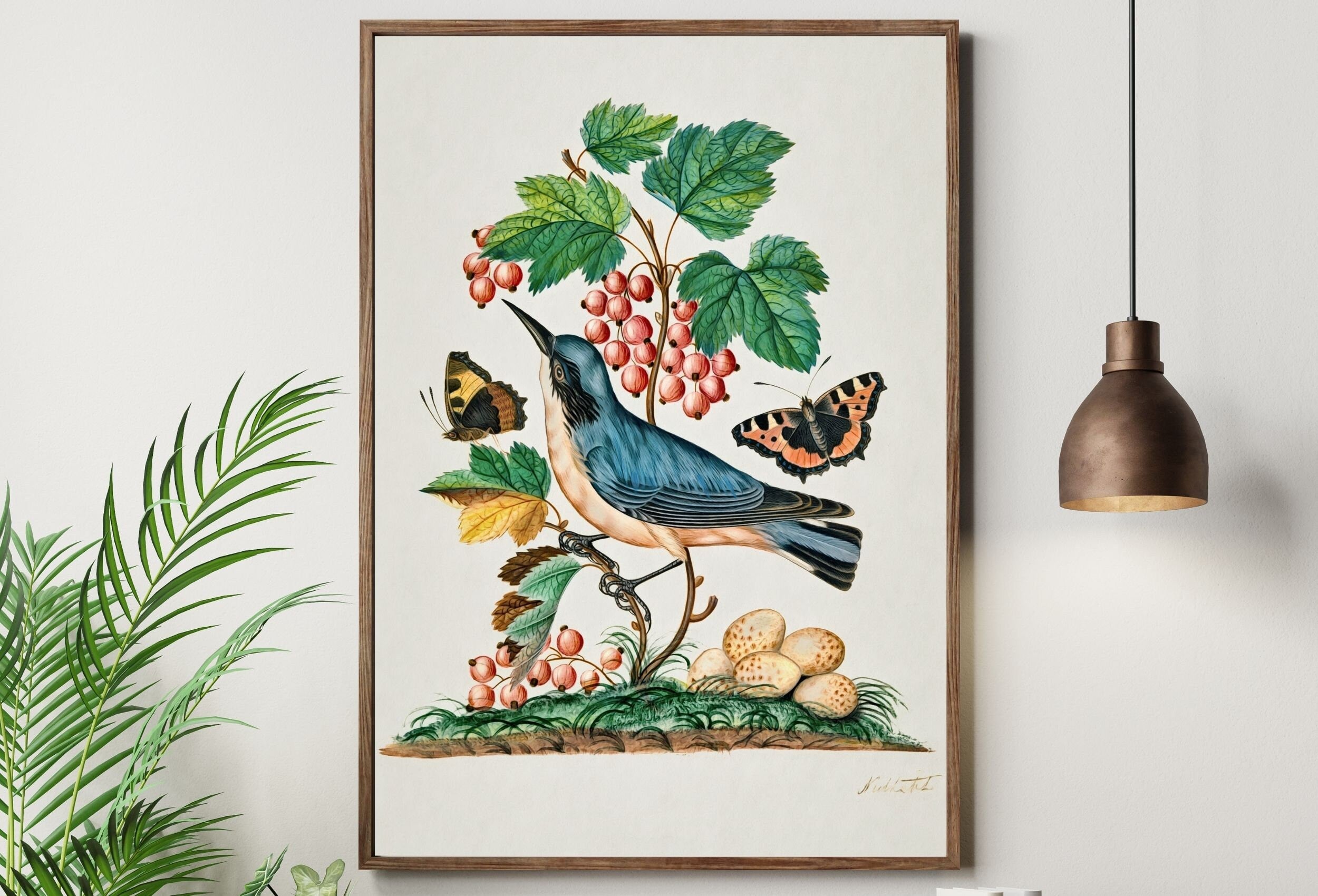 Warbler Wall Art Poster Vintage Butterfly Print, Botanical Prints Flowers and Bird Decor, Flower Market Print, Digital Printable Wall Art