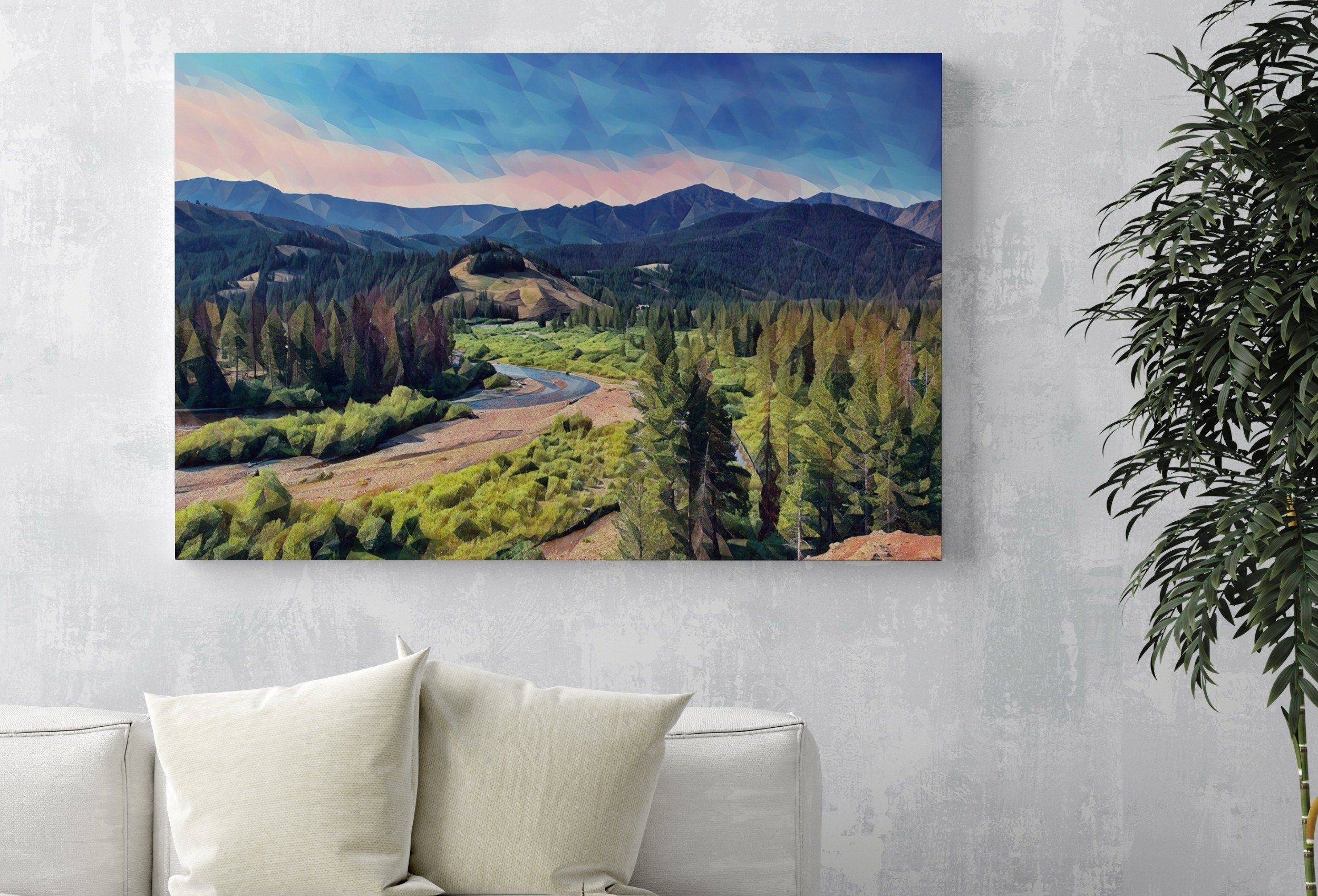 Abstract Mountain View Landscape Painting, Polygons Printable Wall Art, for Home or Office Decor, Nature Print Digital Art Instant Download