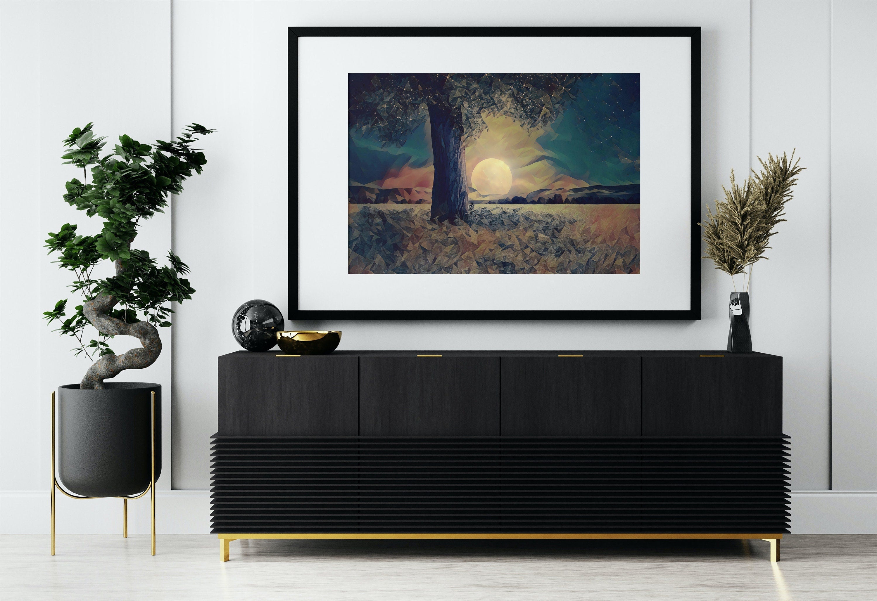 Big Moon and Tree Landscape Painting, Polygons Printable Wall Art, for Home or Office Decor, Nature Print Digital Art Instant Download