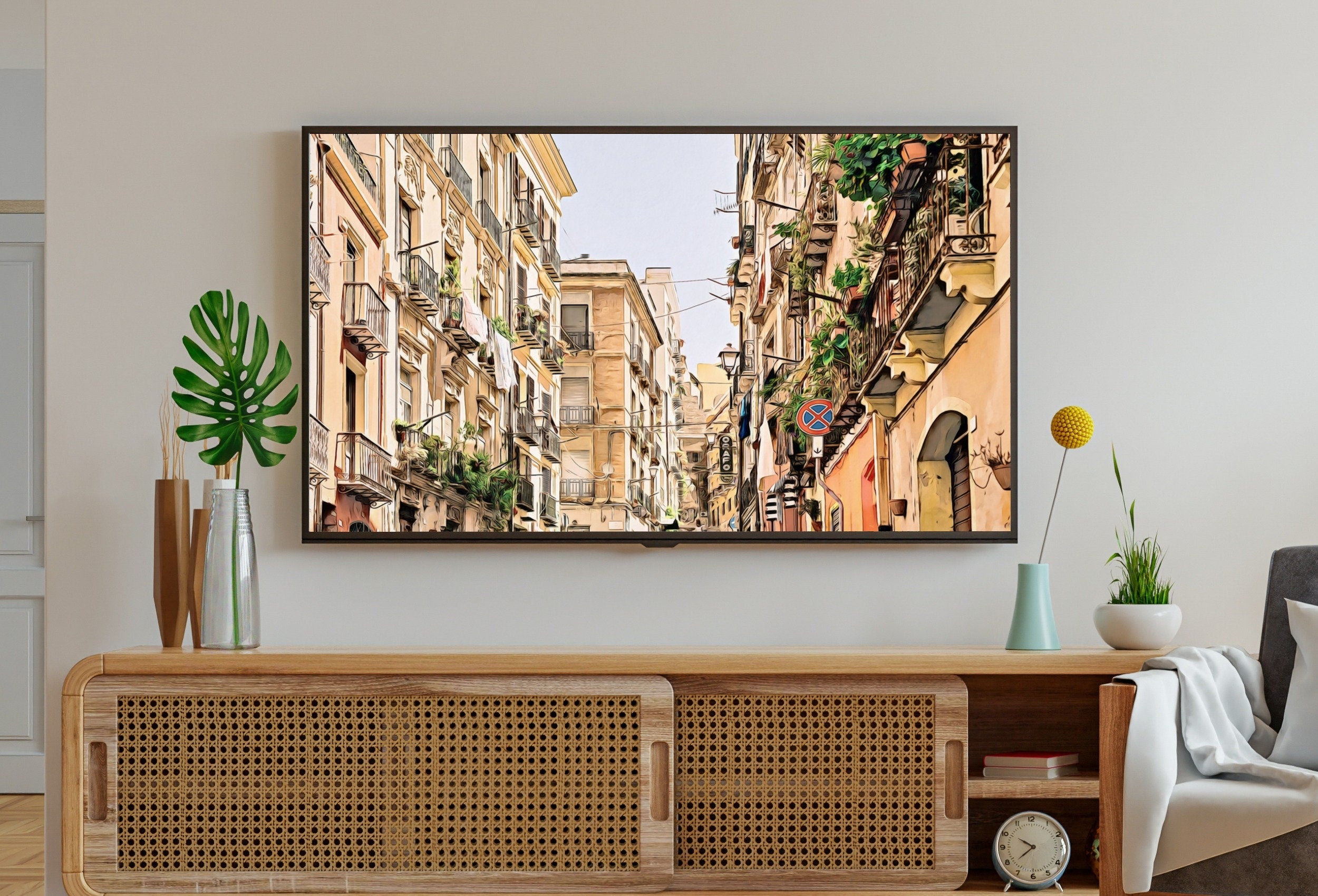 Neighborhood in Cagliari, Italy  Frame TV Art. Italy Painting, City Landscape Frame TV Art. Digital Download, Colorful Art for Frame TV