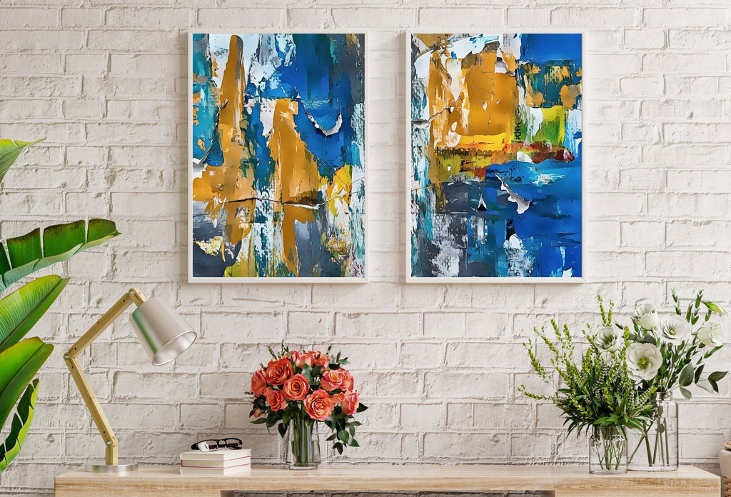 Bold Blue Abstract Painting Set of 2 Prints. Colorful Printable Wall Art, Abstract Digital Download. Modern 2 Piece Wall Art Prints