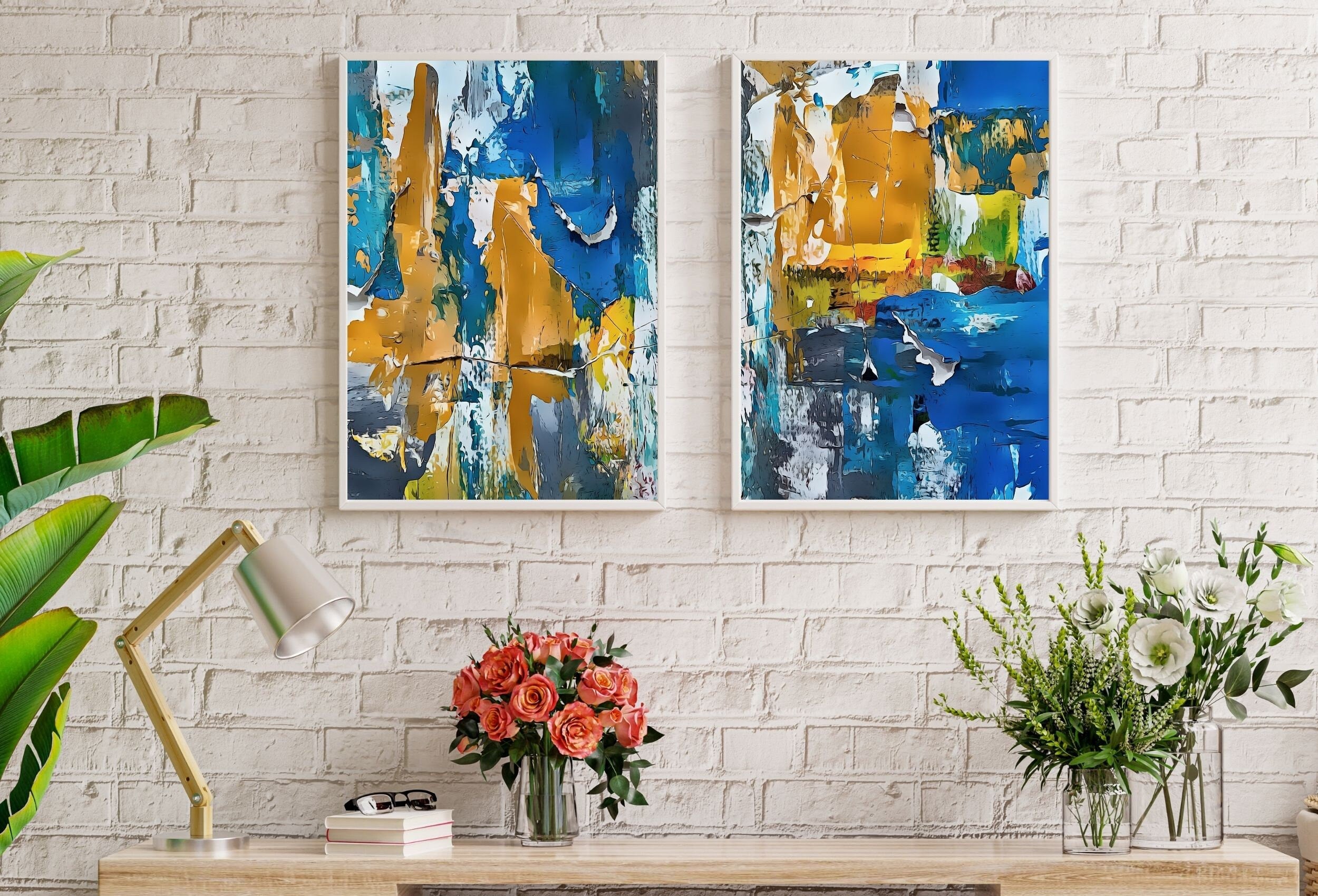 Bold Blue Abstract Painting Set of 2 Prints. Colorful Printable Wall Art, Abstract Digital Download. Modern 2 Piece Wall Art Prints
