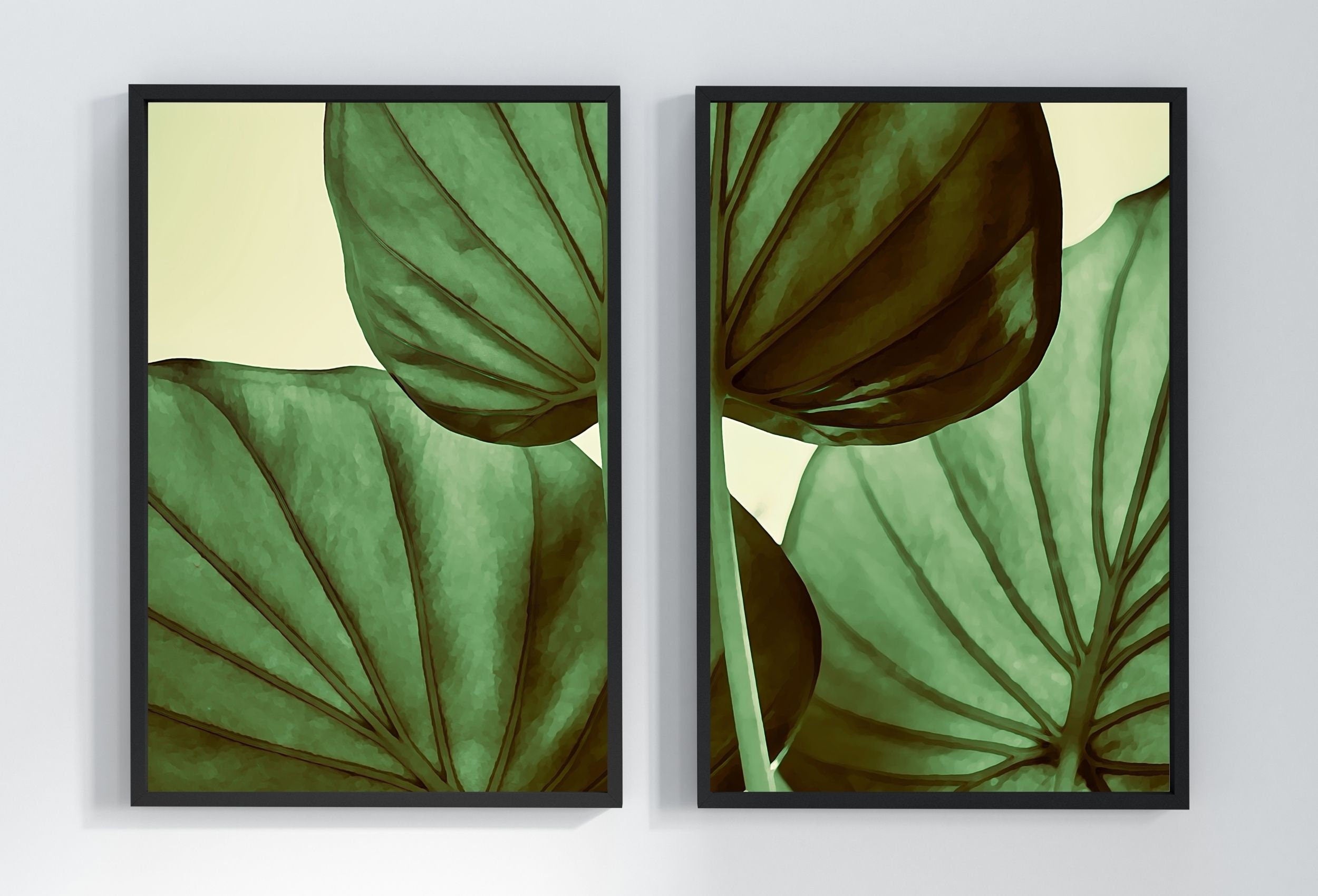 Green Tropical Leaf Set of 2 Prints. Leaf Painting Instant Download Printable Wall Art. Tropical Home Decor 2 Piece Wall Art