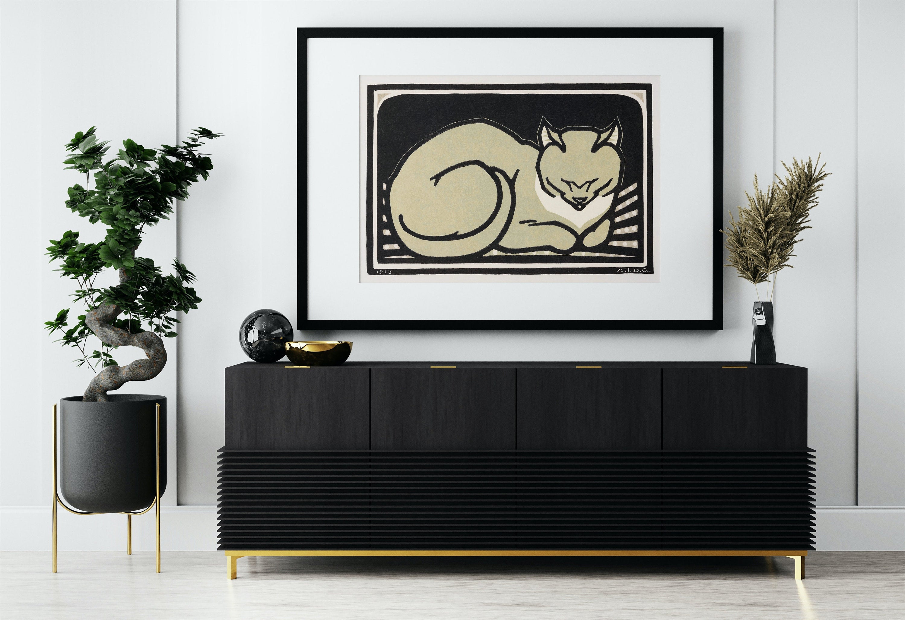 A Sleeping Cat Vintage Art Nouveau Print Wall Art. Instant Download Cat Poster Retro Julie De Graag Printable Wall Art. Art Nouveau Poster