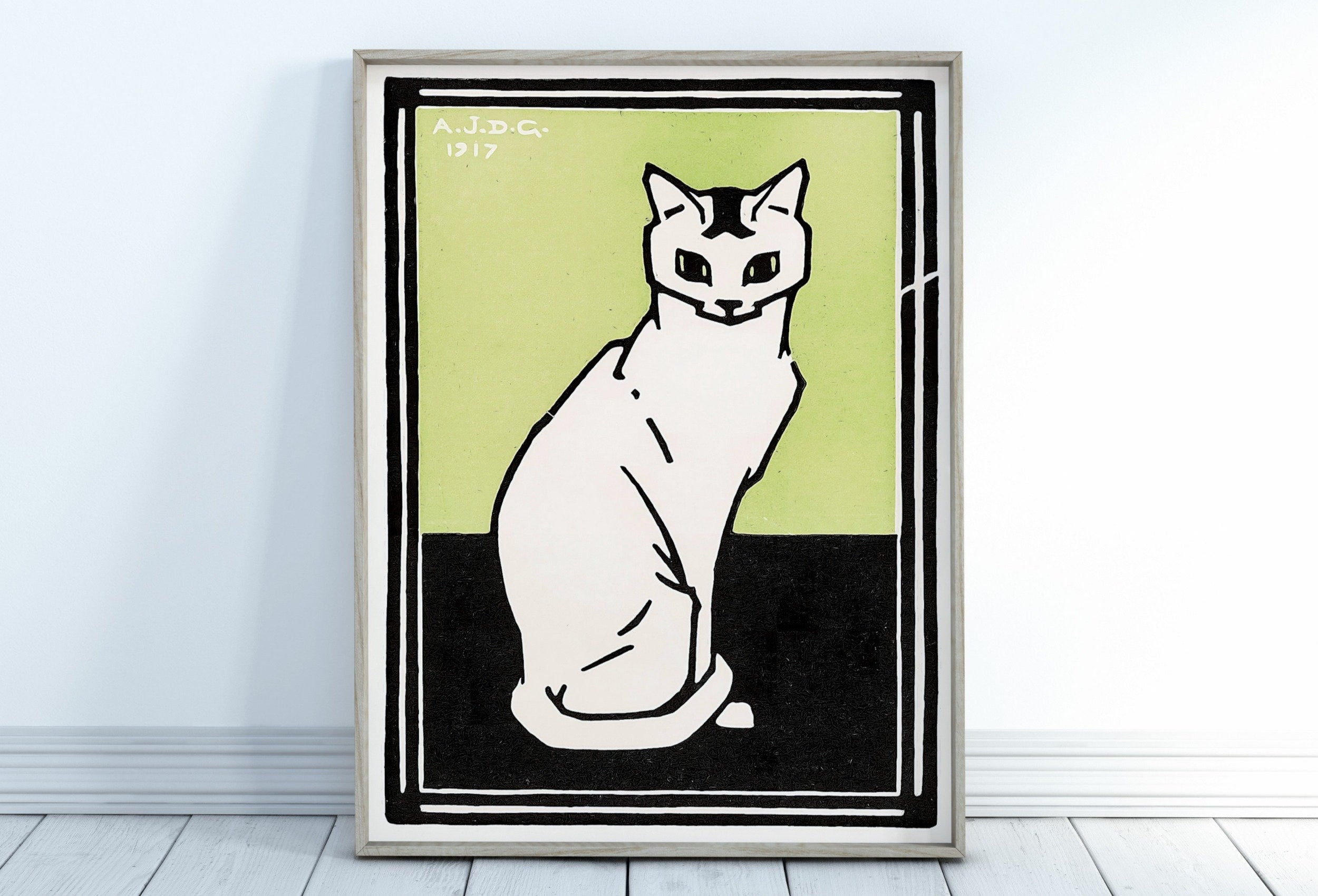 Sitting Cat Vintage Art Nouveau Print Wall Art. Instant Download Cat Painting Retro Julie De Graag Printable Wall Art. Art Nouveau Poster