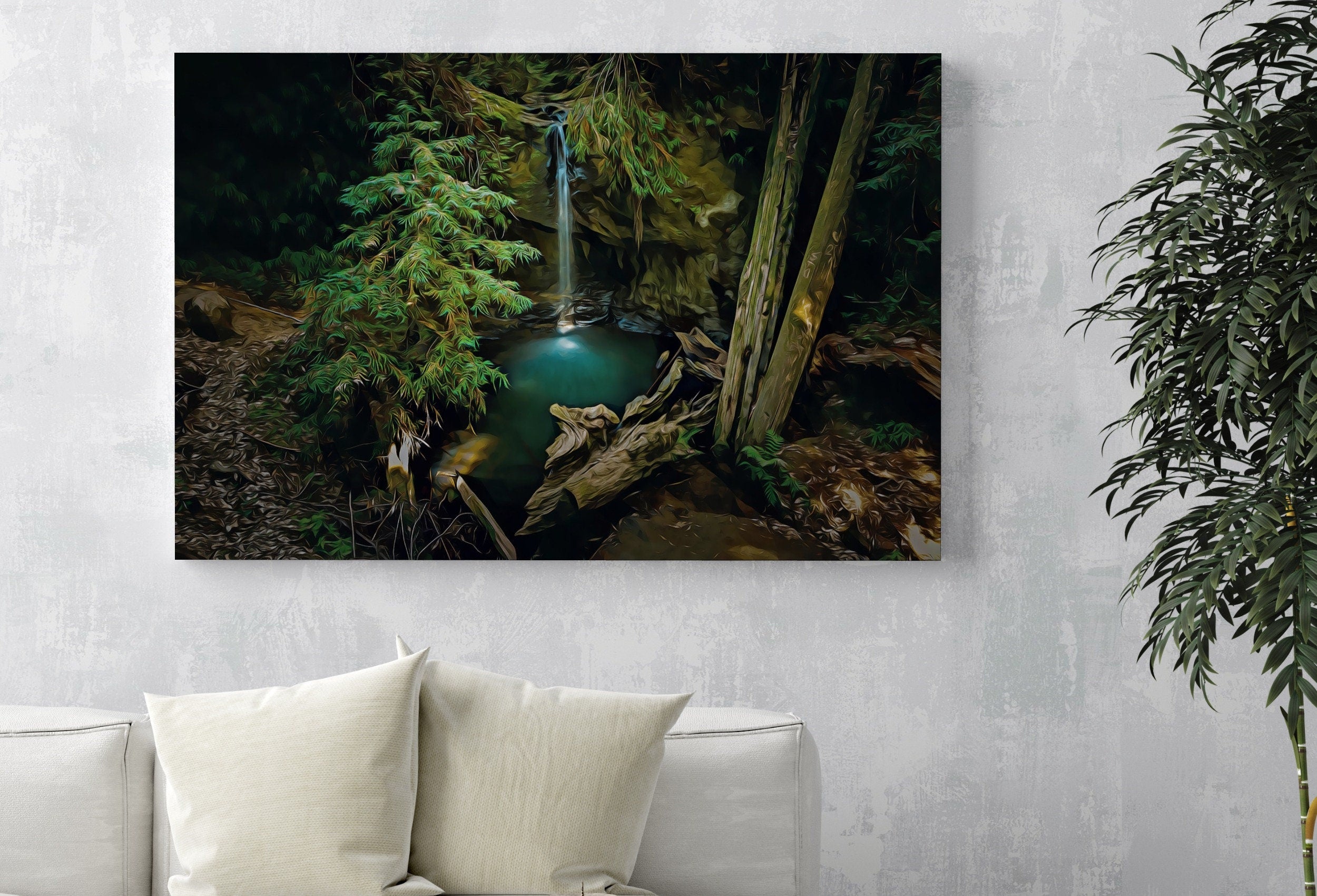 Waterfall Painting Printable Wall Art. Instant Download Print of a Waterfall Pouring Down Into a Pond in the Woods. Nature Print Home Decor