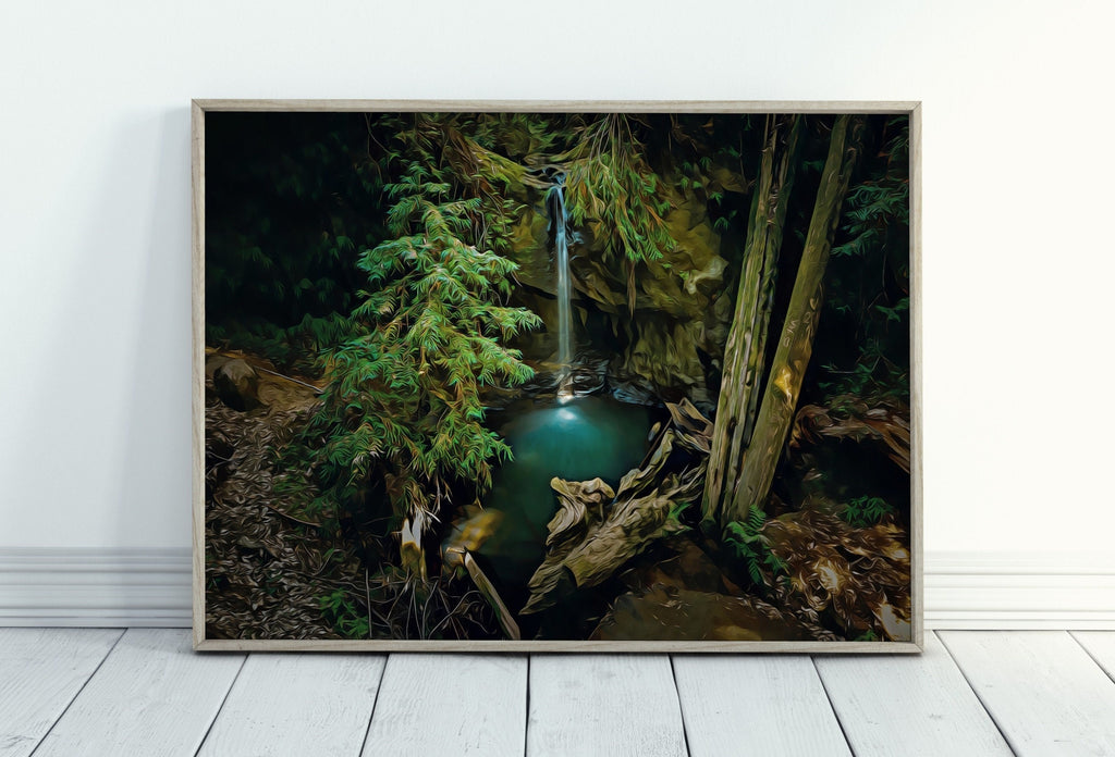 Waterfall Painting Printable Wall Art. Instant Download Print of a Waterfall Pouring Down Into a Pond in the Woods. Nature Print Home Decor