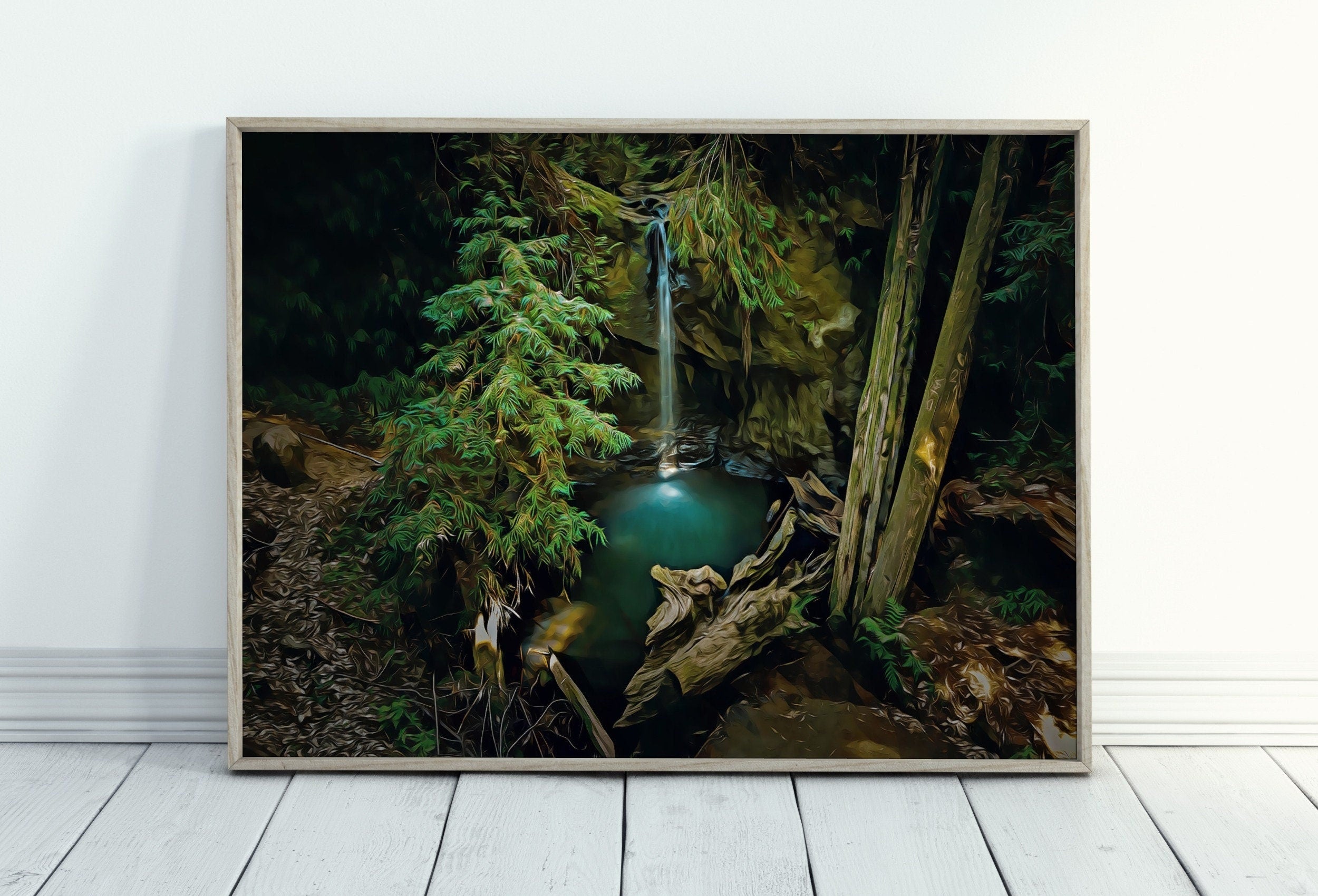 Waterfall Painting Printable Wall Art. Instant Download Print of a Waterfall Pouring Down Into a Pond in the Woods. Nature Print Home Decor