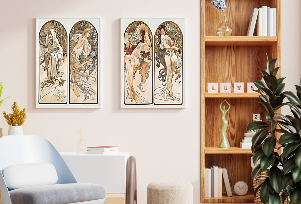 Art Nouveau Print Set of 2 Vintage Painting Famous Art Prints. Reworked Art Nouveau Poster, Seasons Women Illustration. Printable Wall Art