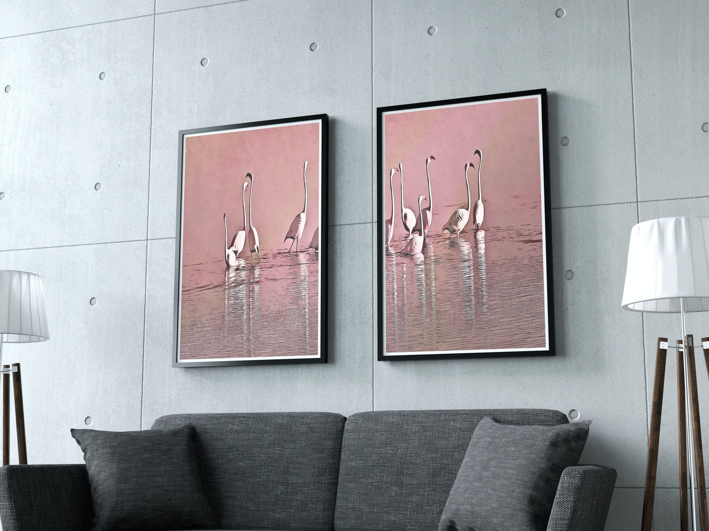 Flamingo Art Set of 2 Prints Gallery Wall Set. Pink Flamingo Print 2 Piece Wall Art. Instant Digital Download, Printable Wall Art Poster