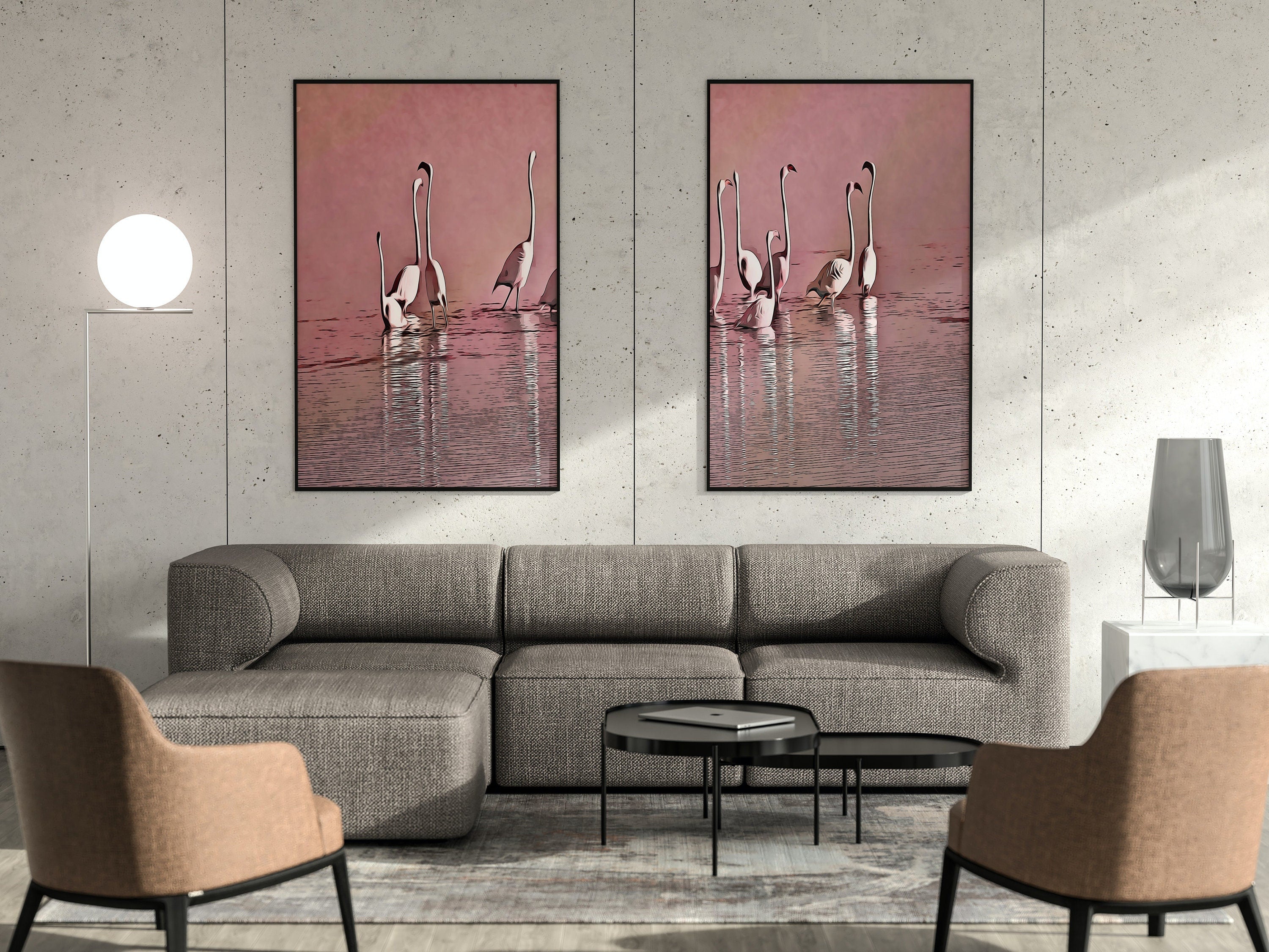 Flamingo Art Set of 2 Prints Gallery Wall Set. Pink Flamingo Print 2 Piece Wall Art. Instant Digital Download, Printable Wall Art Poster