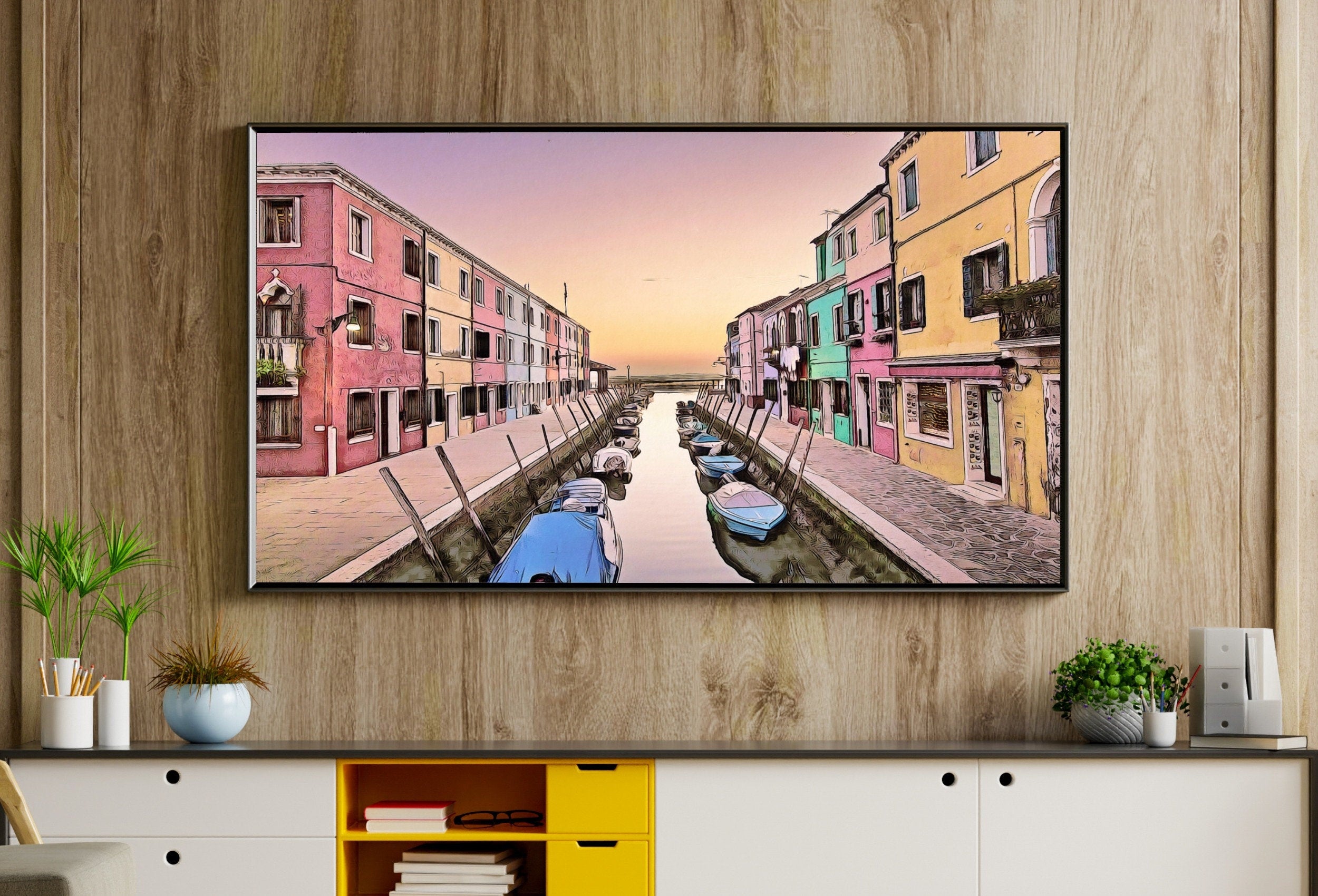 Italy Wall Art Sunset in Burano Frame TV Art. Italy Painting, City Landscape Frame TV Art. Digital Download, Colorful Art for Frame TV