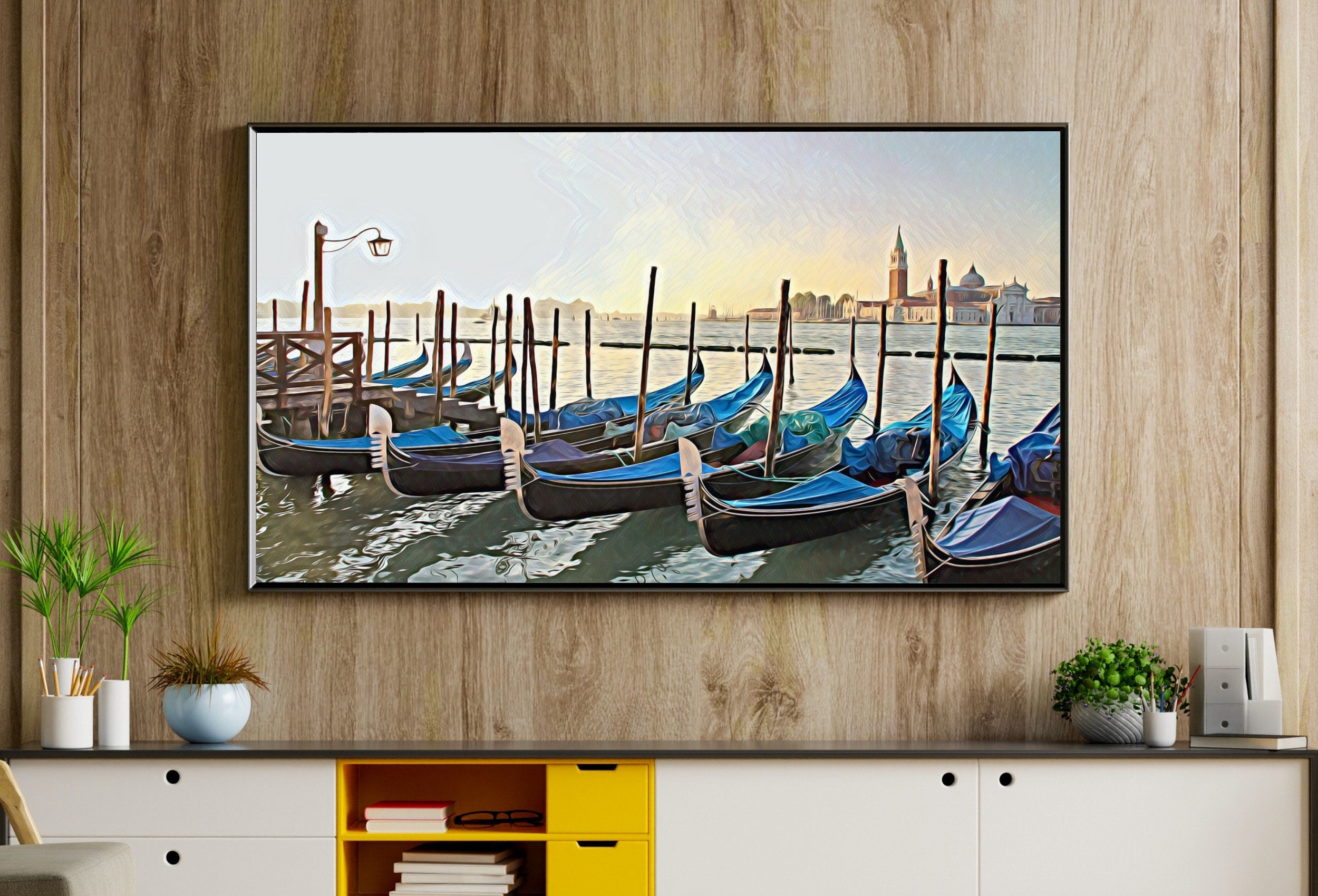 Gondola Moored at Dock Frame TV Art. Venice Italy Wall Art Painting, Frame TV Art Digital Download, Art for Tv, Colorful Art for Frame TV