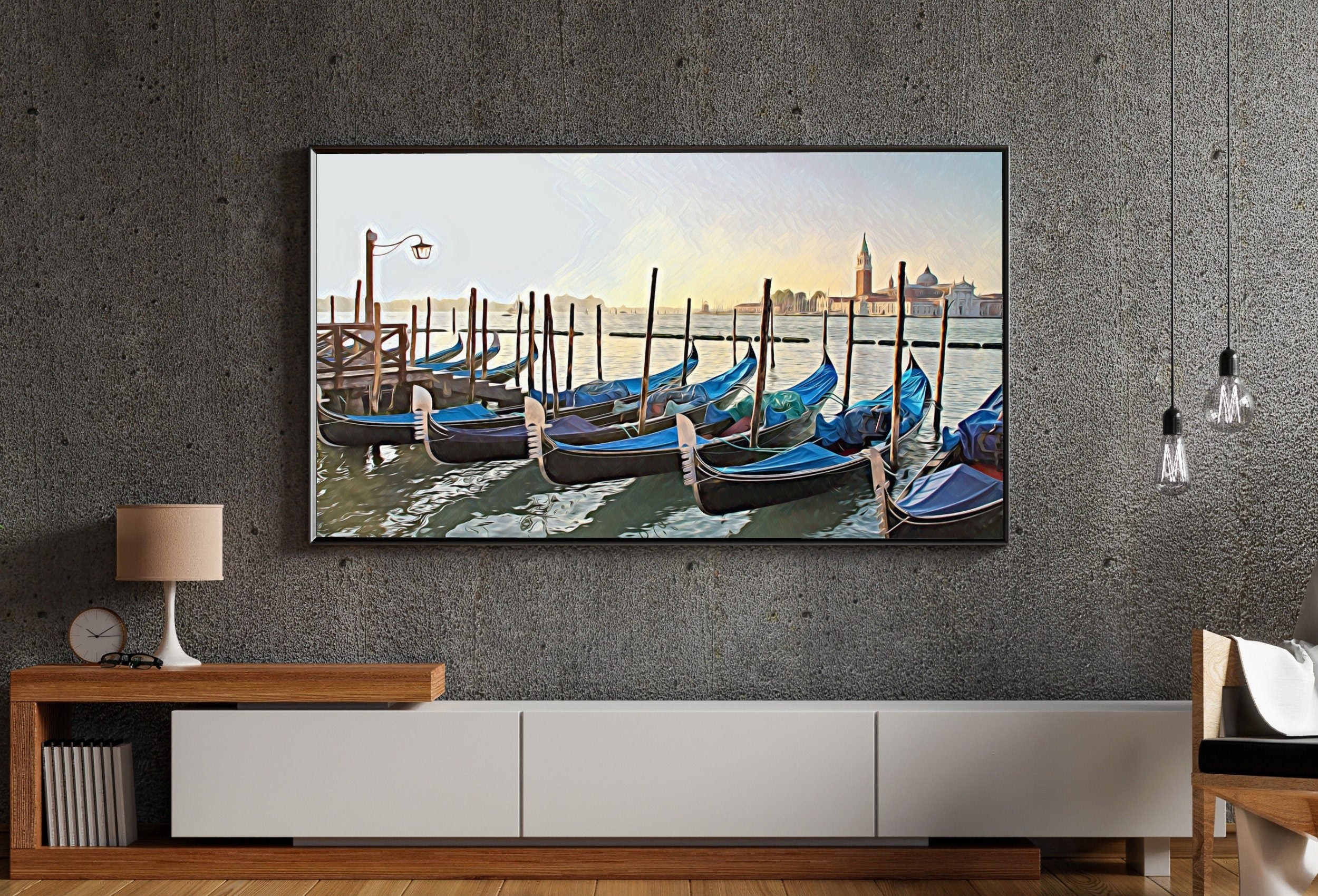 Gondola Moored at Dock Frame TV Art. Venice Italy Wall Art Painting, Frame TV Art Digital Download, Art for Tv, Colorful Art for Frame TV