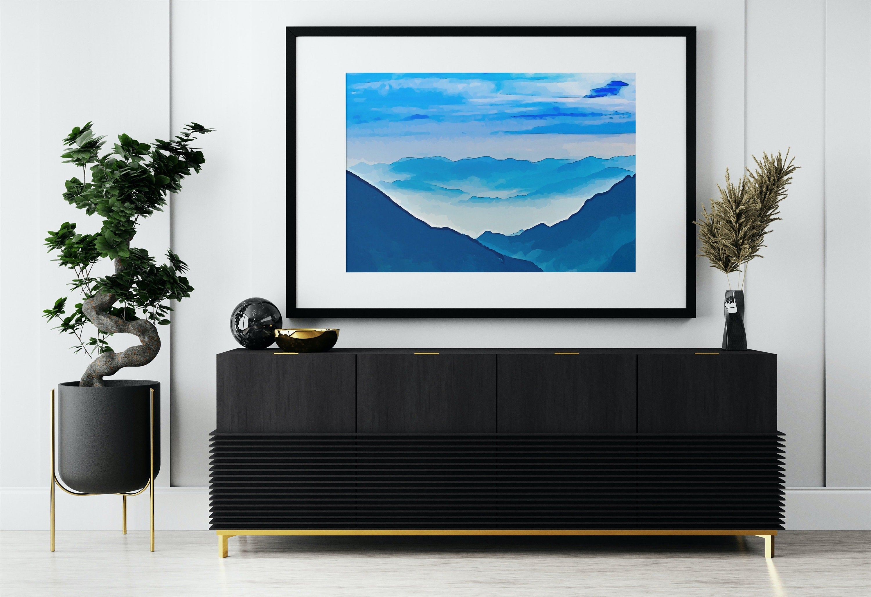 Abstract Mountain Landscape Wall Art Print. Blue Watercolor Nature Art Print. Instant Download Printable Wall Art. Mountain Digital Painting
