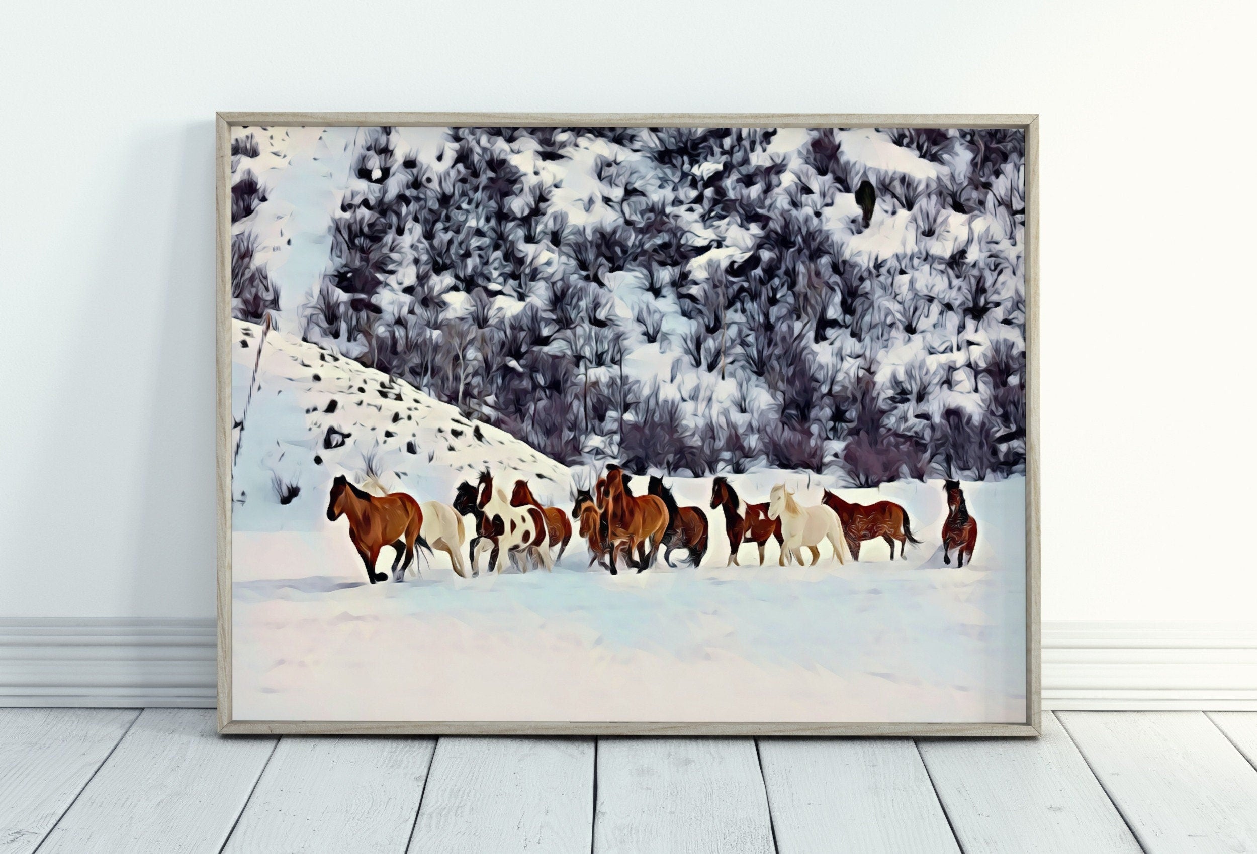 Wild Horses in Snow Digital Art Print. Horse Painting Animal Wall Art. Horse Poster Wall Decor, Horse Printable, Horse Photography