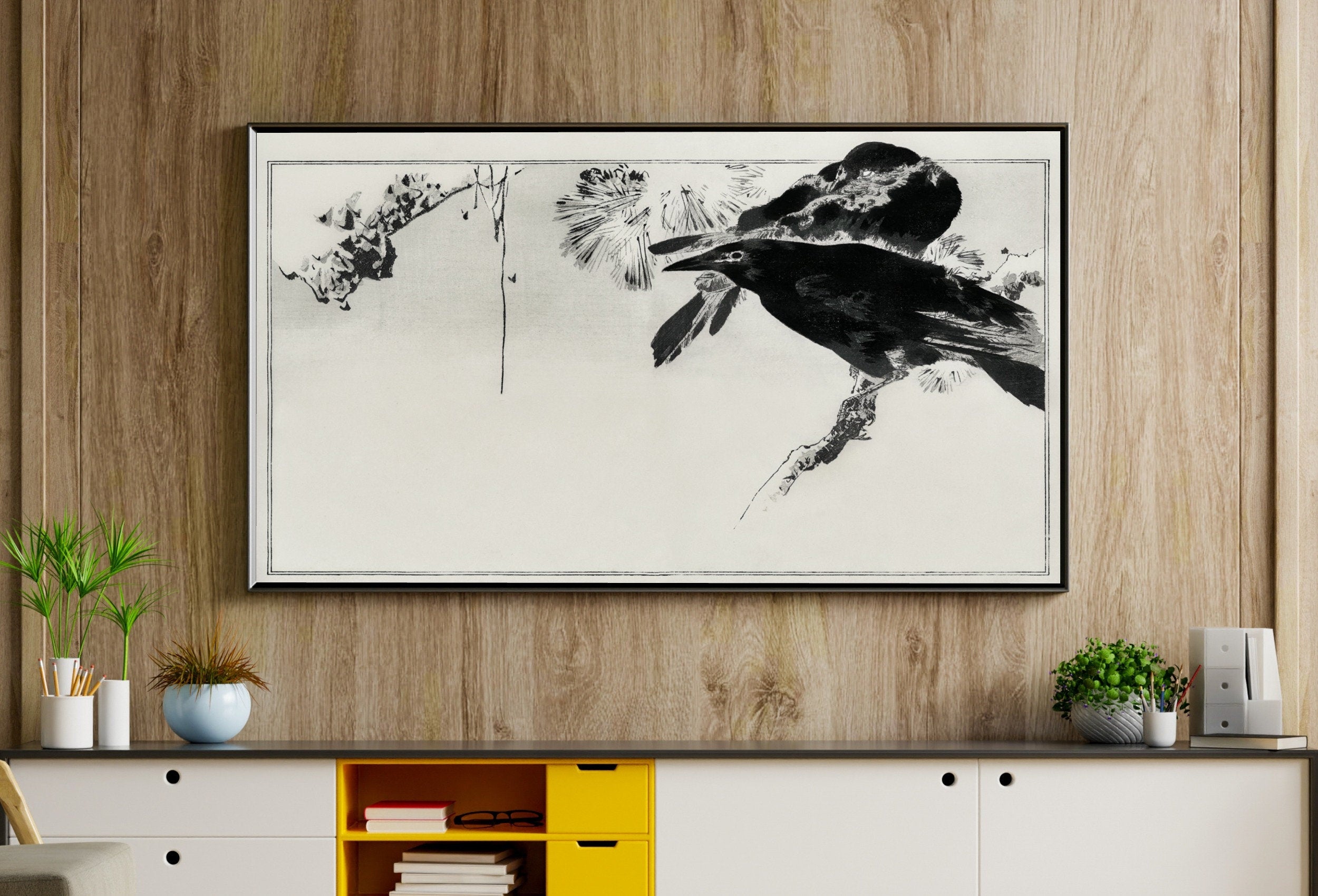 Crows Perched on a Branch Frame TV Art. Vintage Japanese Painting Samsung Art TV, Digital Download for Samsung Frame, Frame TV Art