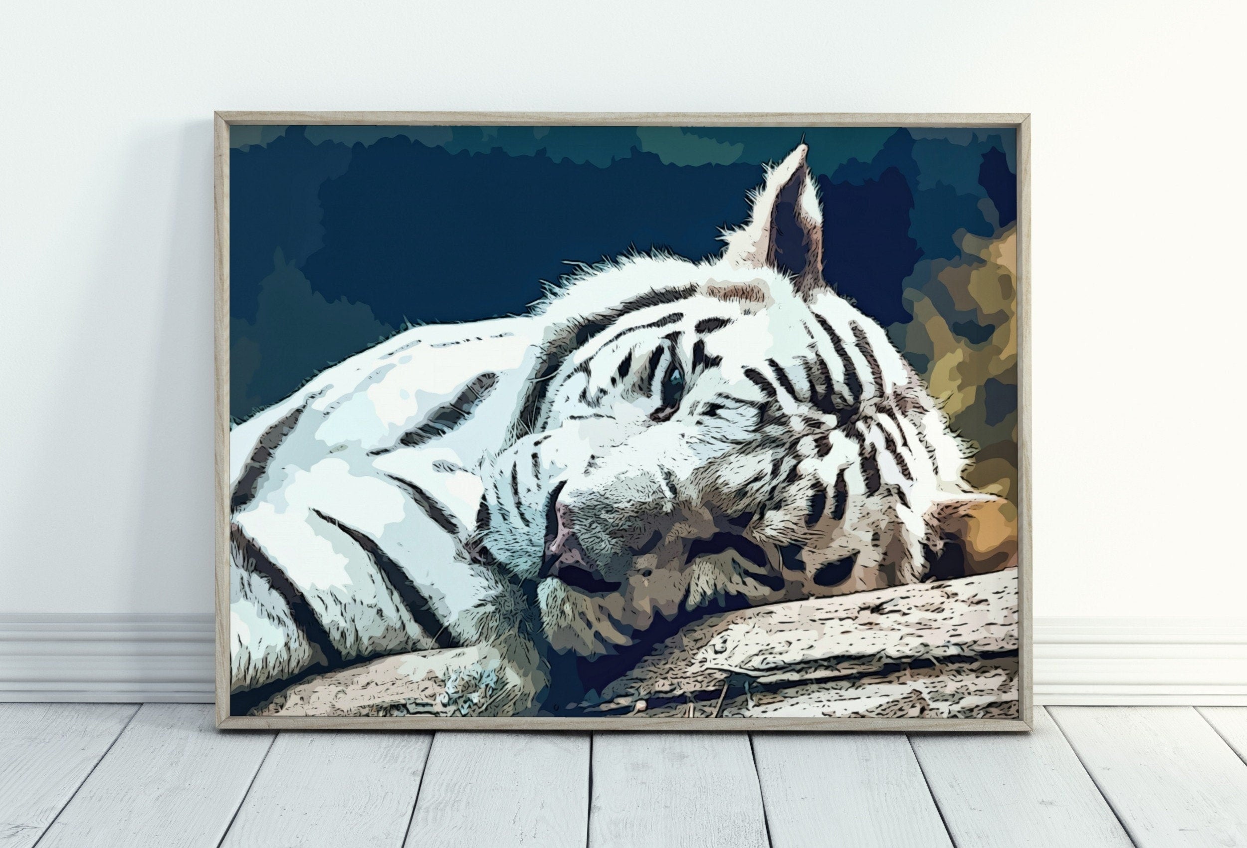 White Tiger Wall Art Print Poster, Year of the Tiger Printable Wall Art, White Tiger Painting Animal Print, Nature Wildlife Instant Download