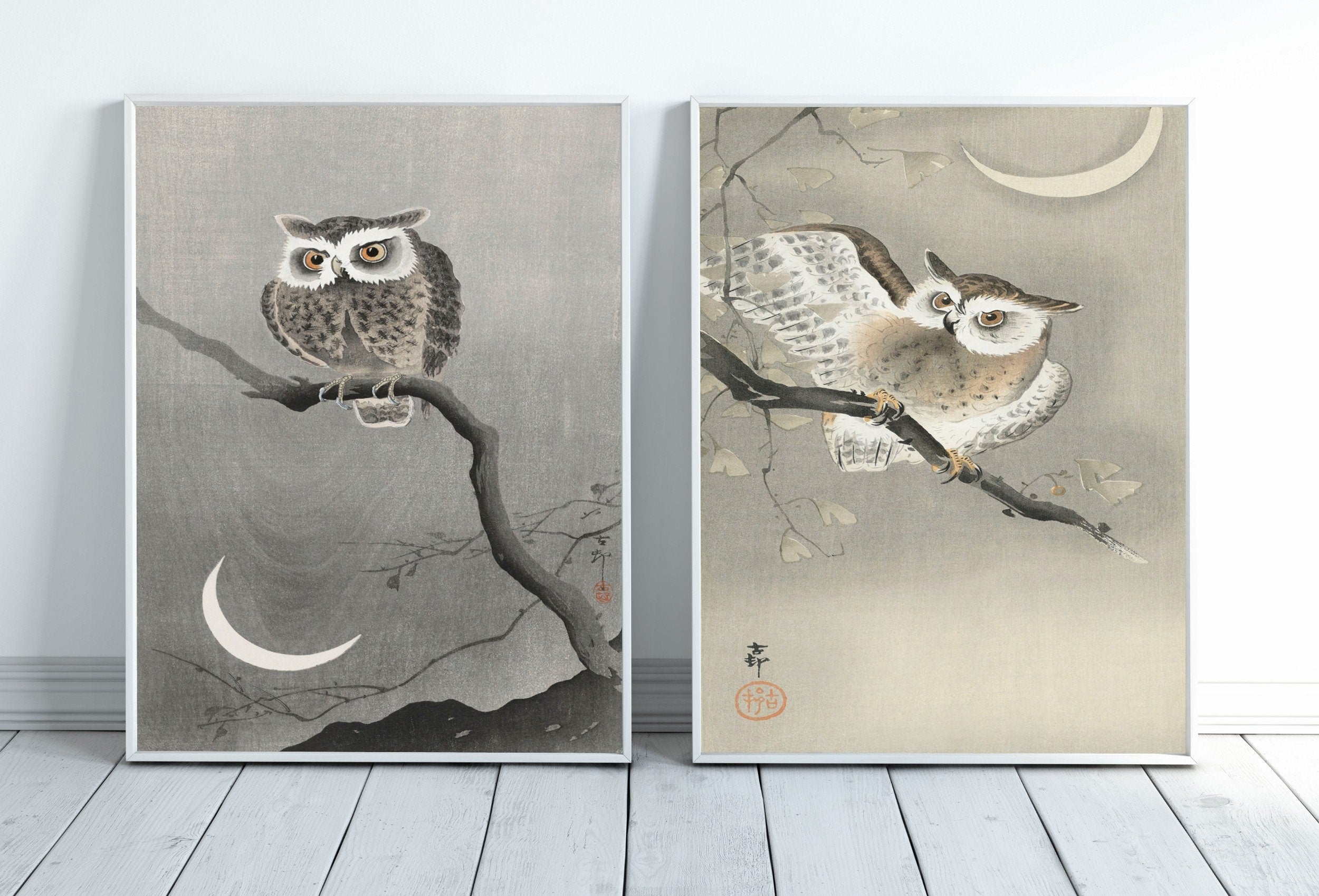 Owl Paintings Vintage Japanese Art Posters. Set of 2 Prints Instant Download Owl on Branch Japanese Owl Painting. Printable Japanese Owl Art