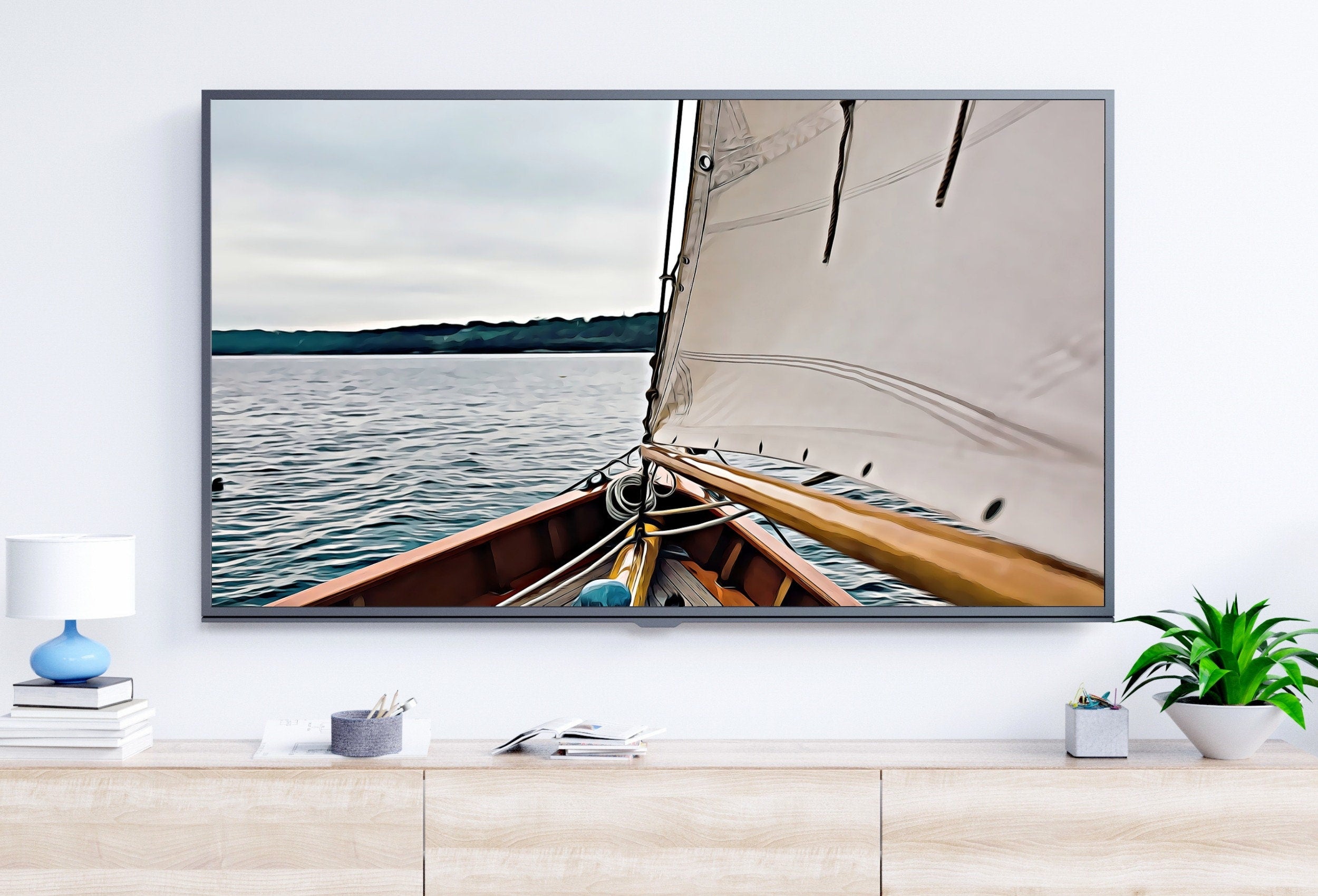 Samsung Frame TV Art 4K Sailboat Painting Nautical Wall Art. Instant Download Boat Painting for the Frame TV. Digital Sailboat Art for TV
