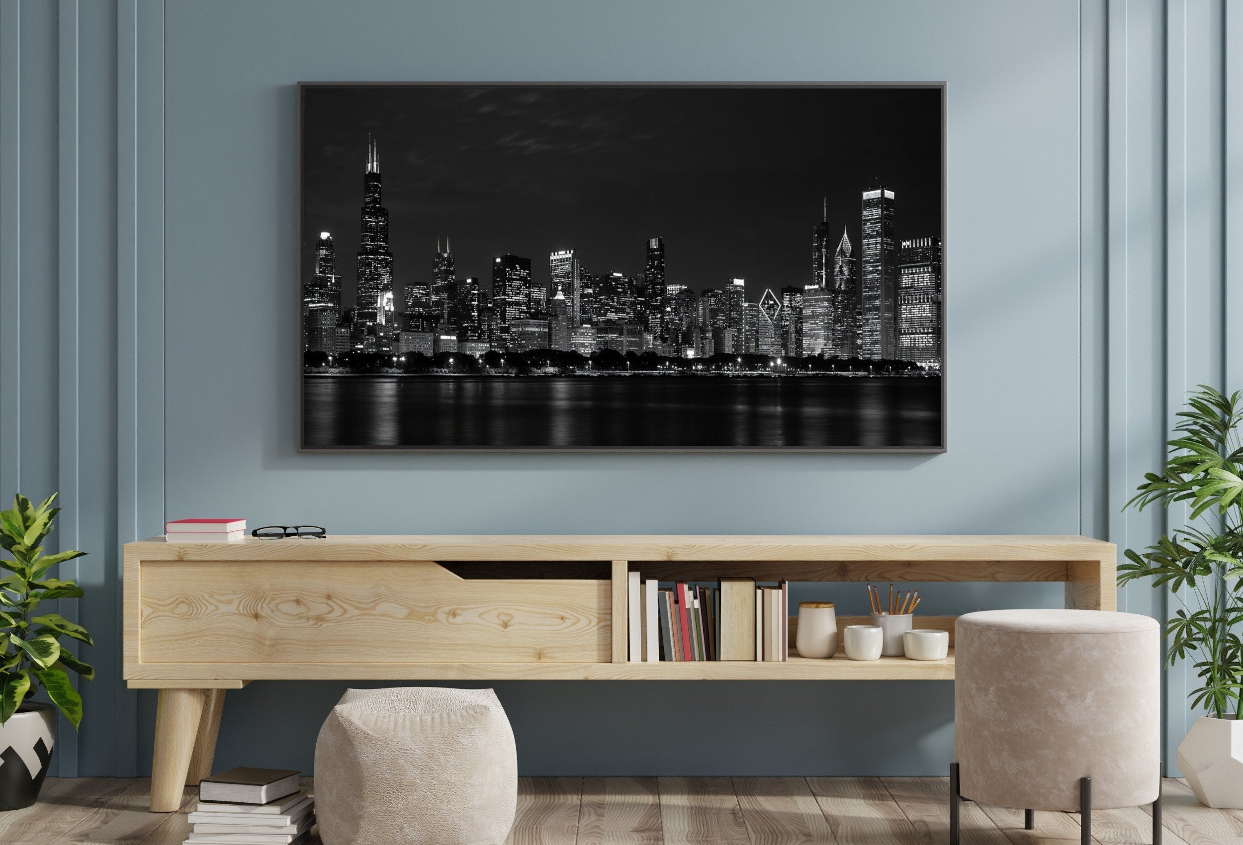 Samsung Frame TV Art 4K Chicago Skyline at Night Wall Art. Instant Download Chicago Photography Art for the Frame TV. Chicago Skyline Decor