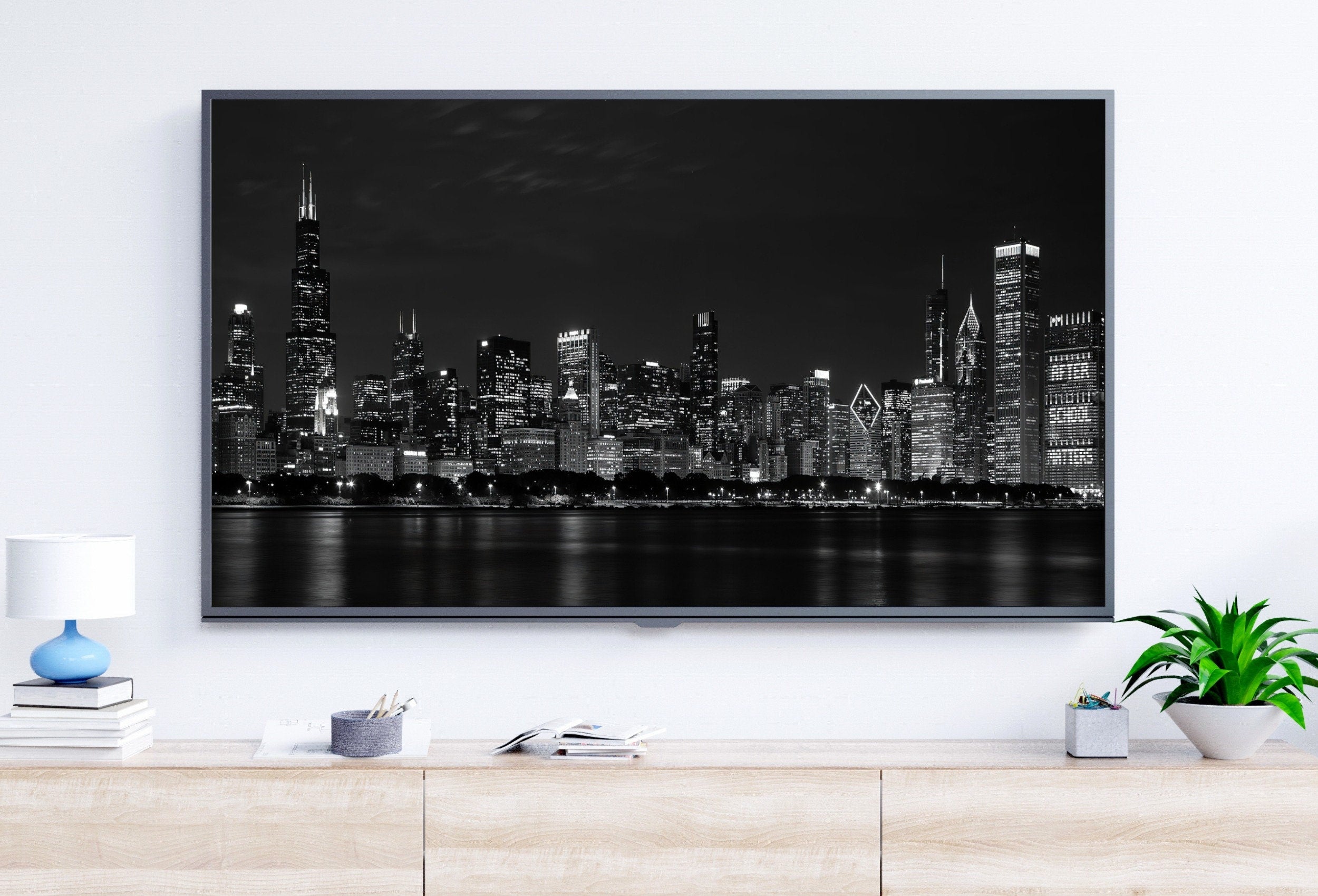 Samsung Frame TV Art 4K Chicago Skyline at Night Wall Art. Instant Download Chicago Photography Art for the Frame TV. Chicago Skyline Decor