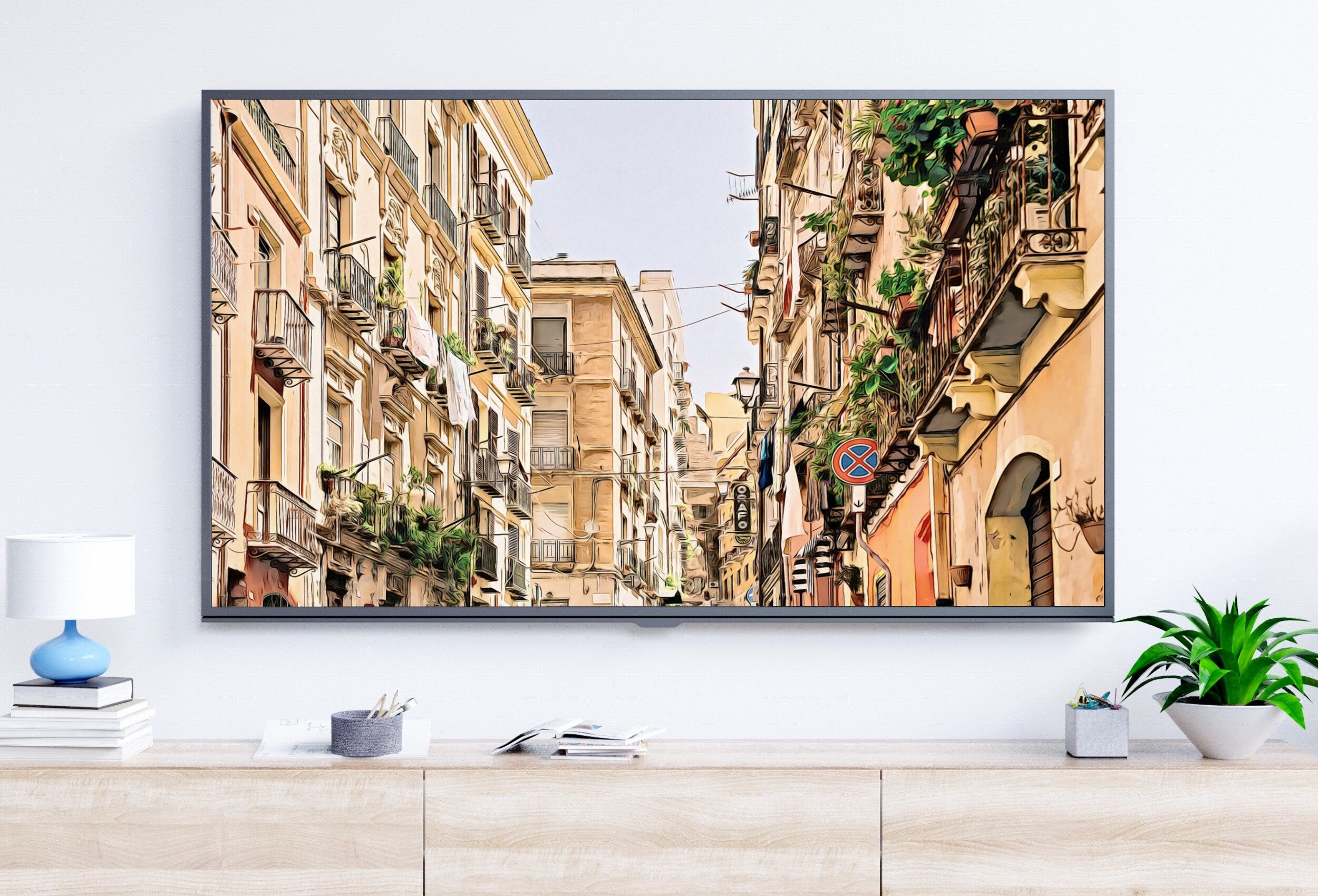 Neighborhood in Cagliari, Italy  Frame TV Art. Italy Painting, City Landscape Frame TV Art. Digital Download, Colorful Art for Frame TV