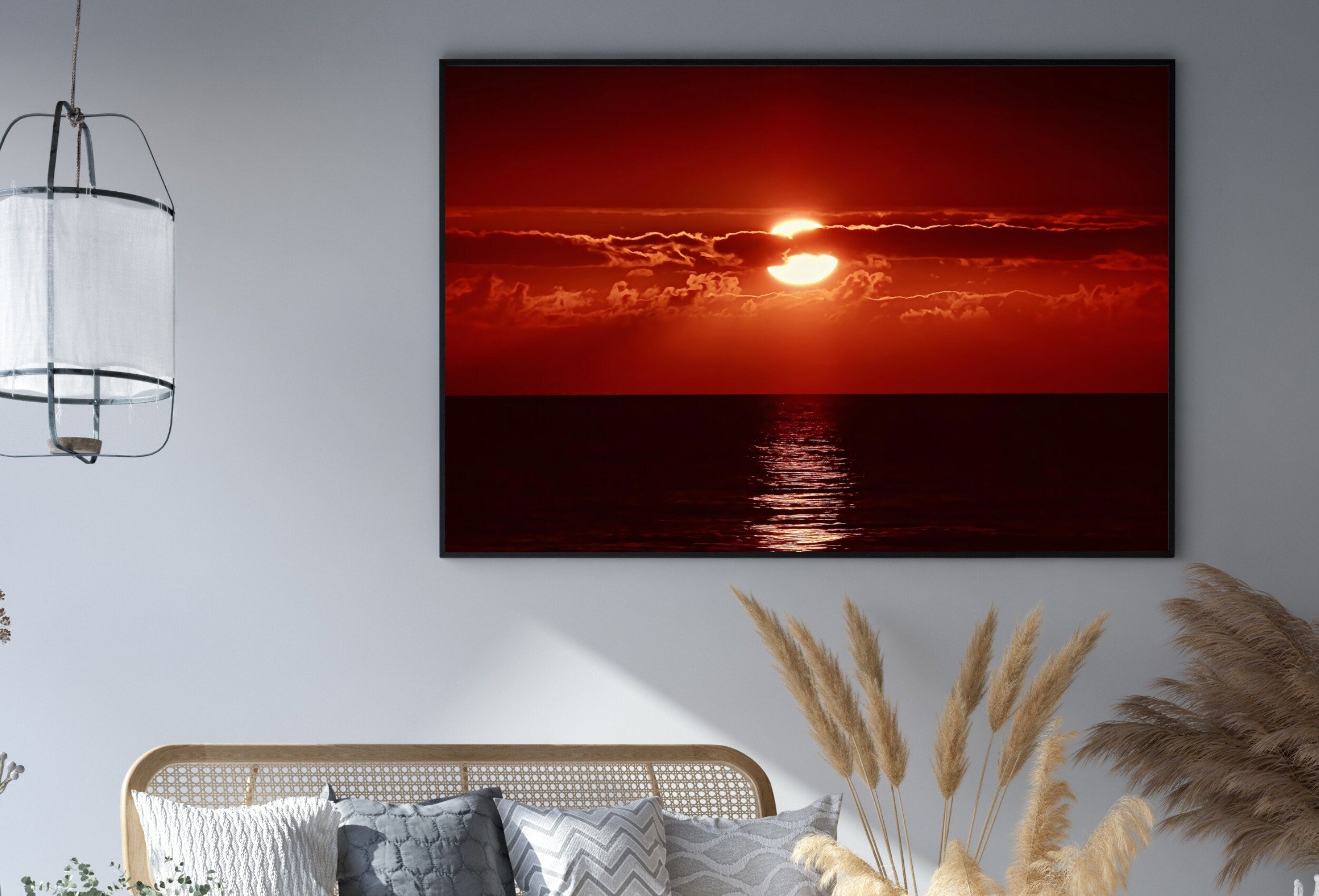 Red Sunset Wall Art Print. Instant Download Boho Abstract Sunset Poster. Digital Sunset Painting Abstract Wall Art. Coastal Landscape Art