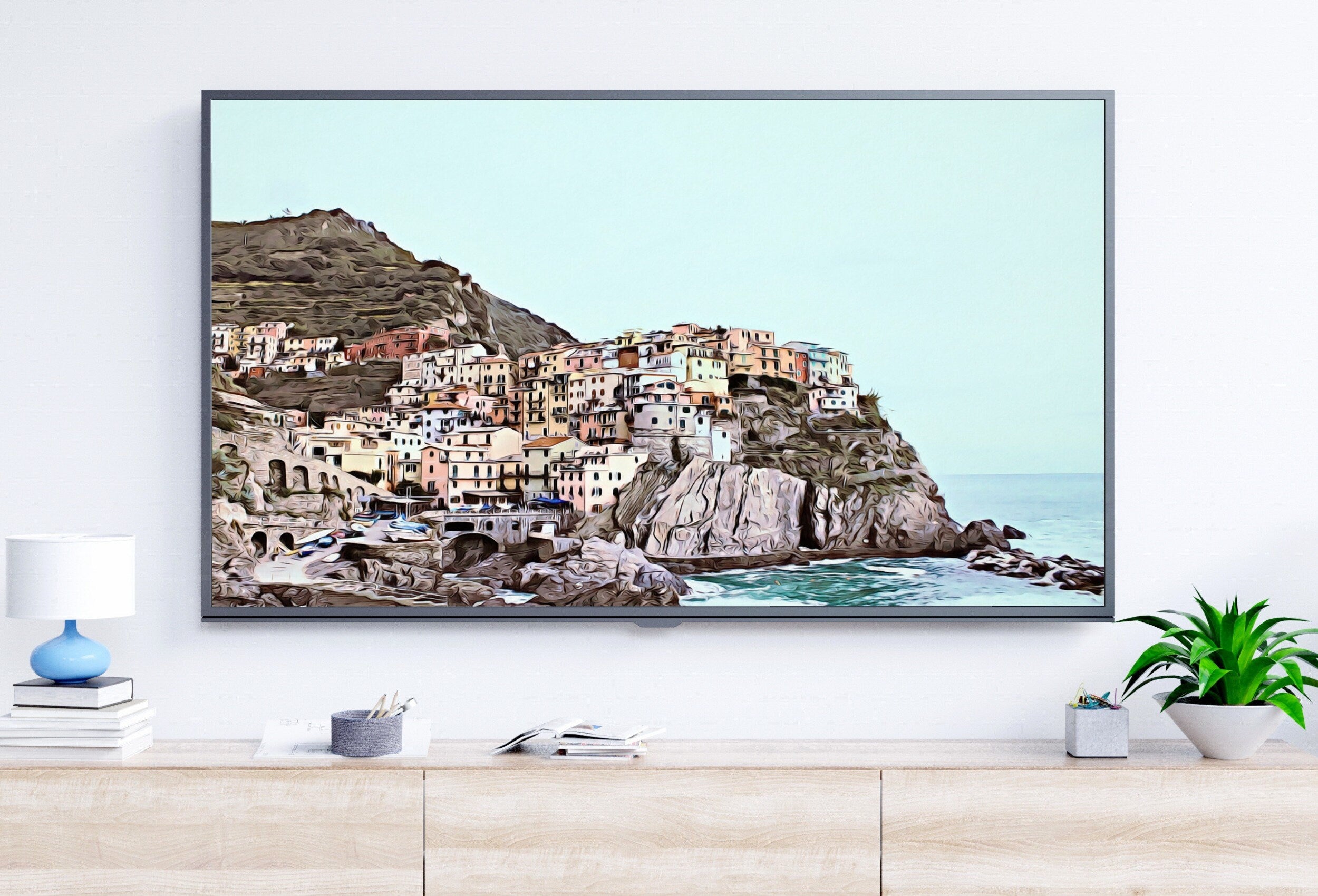 Coastal Town in Italy Frame TV Art. Seaside Italy Painting, City Landscape Frame TV Art. Digital Download, Colorful Art for Frame TV