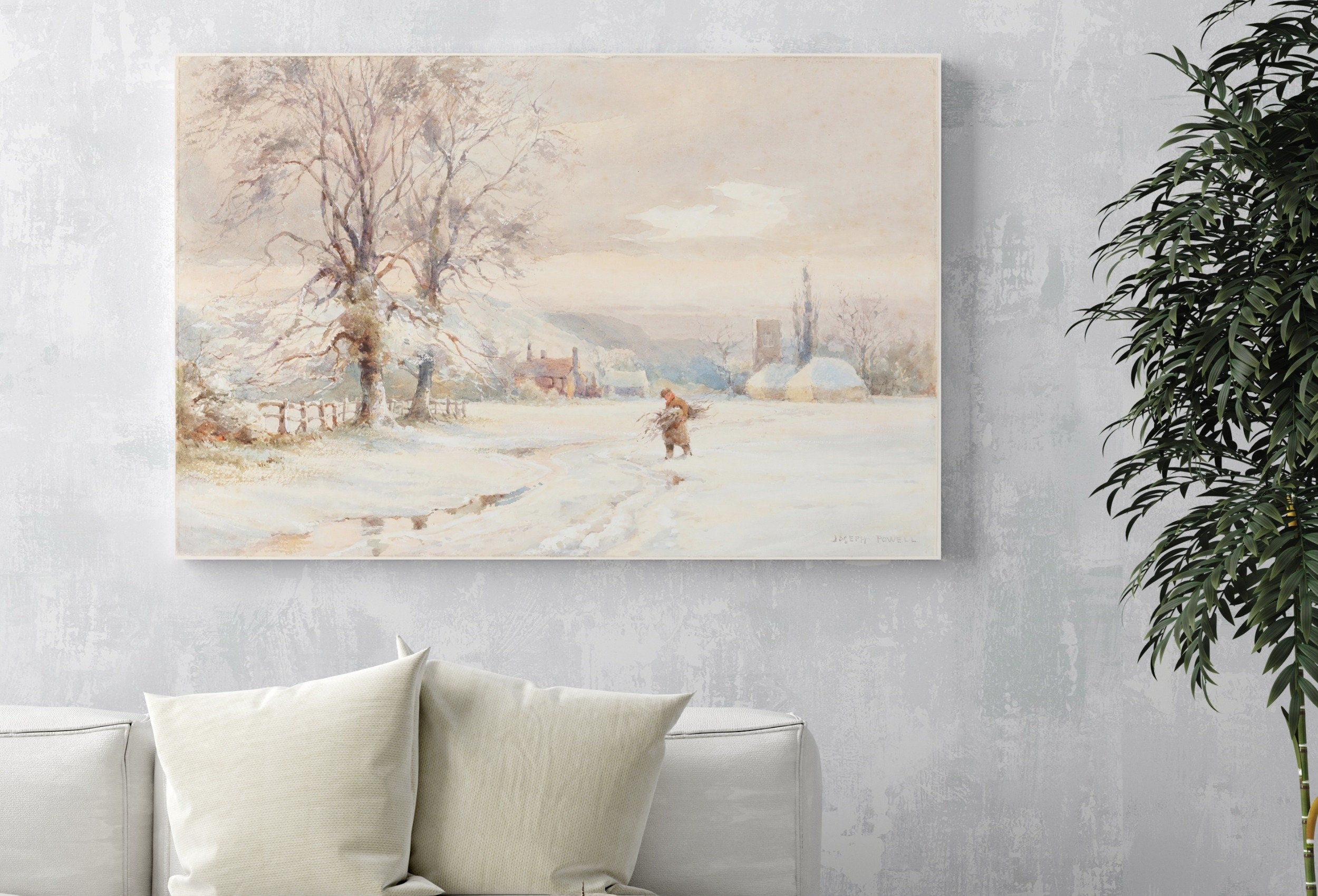 Winter Farm Town Painting Vintage Landscape Print. Country Soft Colors Watercolor Painting Winter Landscape. Farmhouse Country Art Print