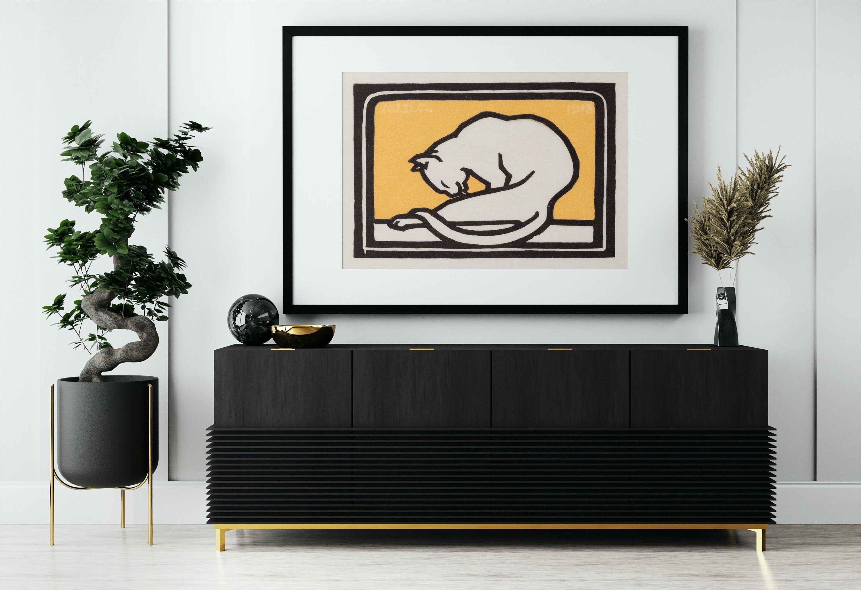 A Waxing Cat Vintage Art Nouveau Print Wall Art. Instant Download Cat Painting Retro Julie De Graag Printable Wall Art. Art Nouveau Poster
